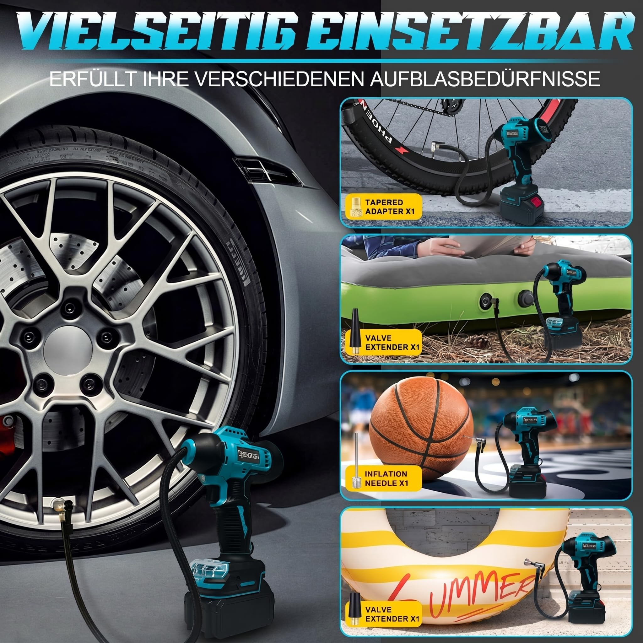 Akku Kompressor für Makita 18V Akku, 11bar Autoreifen Luftpumpe,160 PSI Tragbare mit Abschalautomatik und Manometer Luftkompressor mit 12V Autostromkabel für Auto, Motorrad, Fahrrad