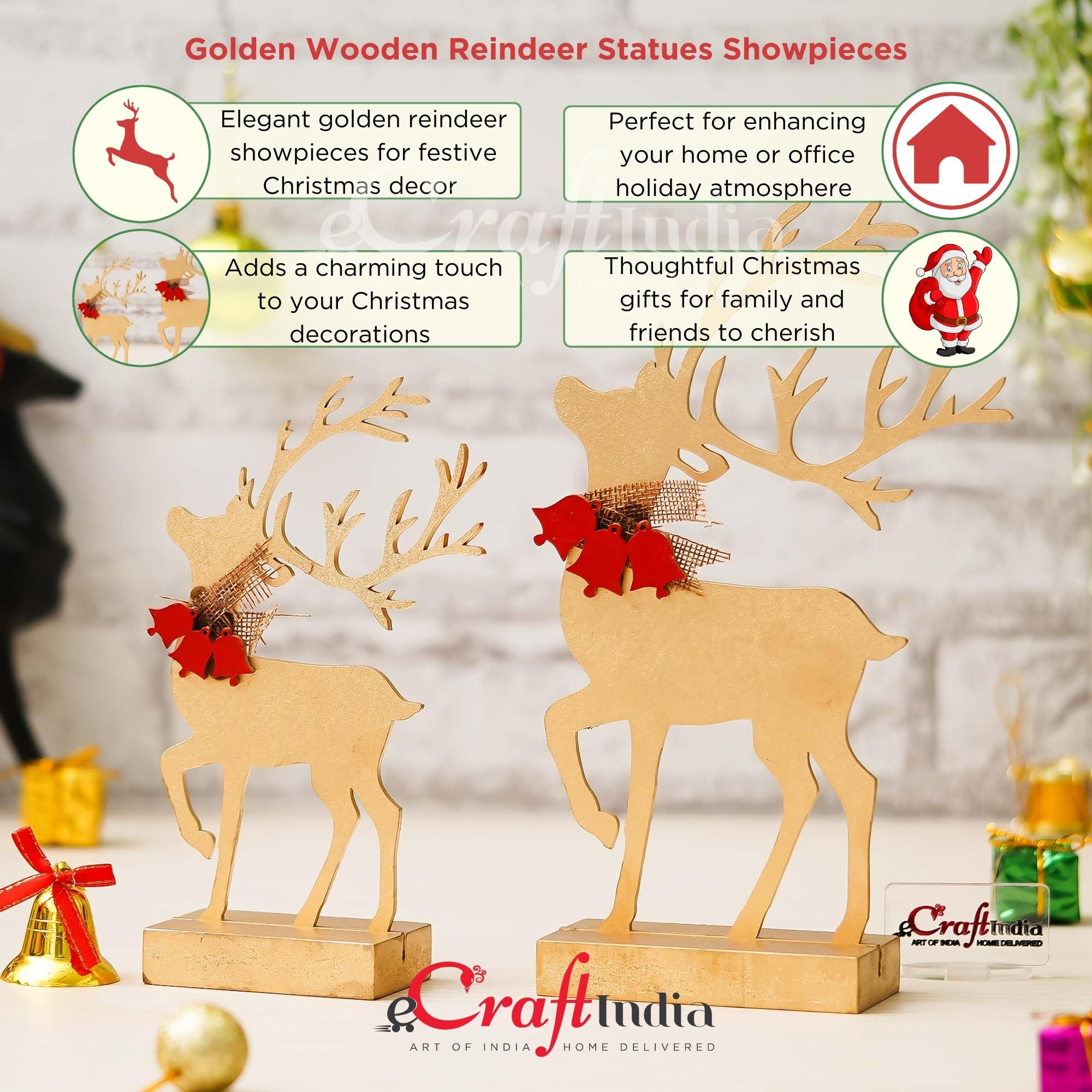 Golden Wooden Reindeer Showpieces - Christmas Decor -5