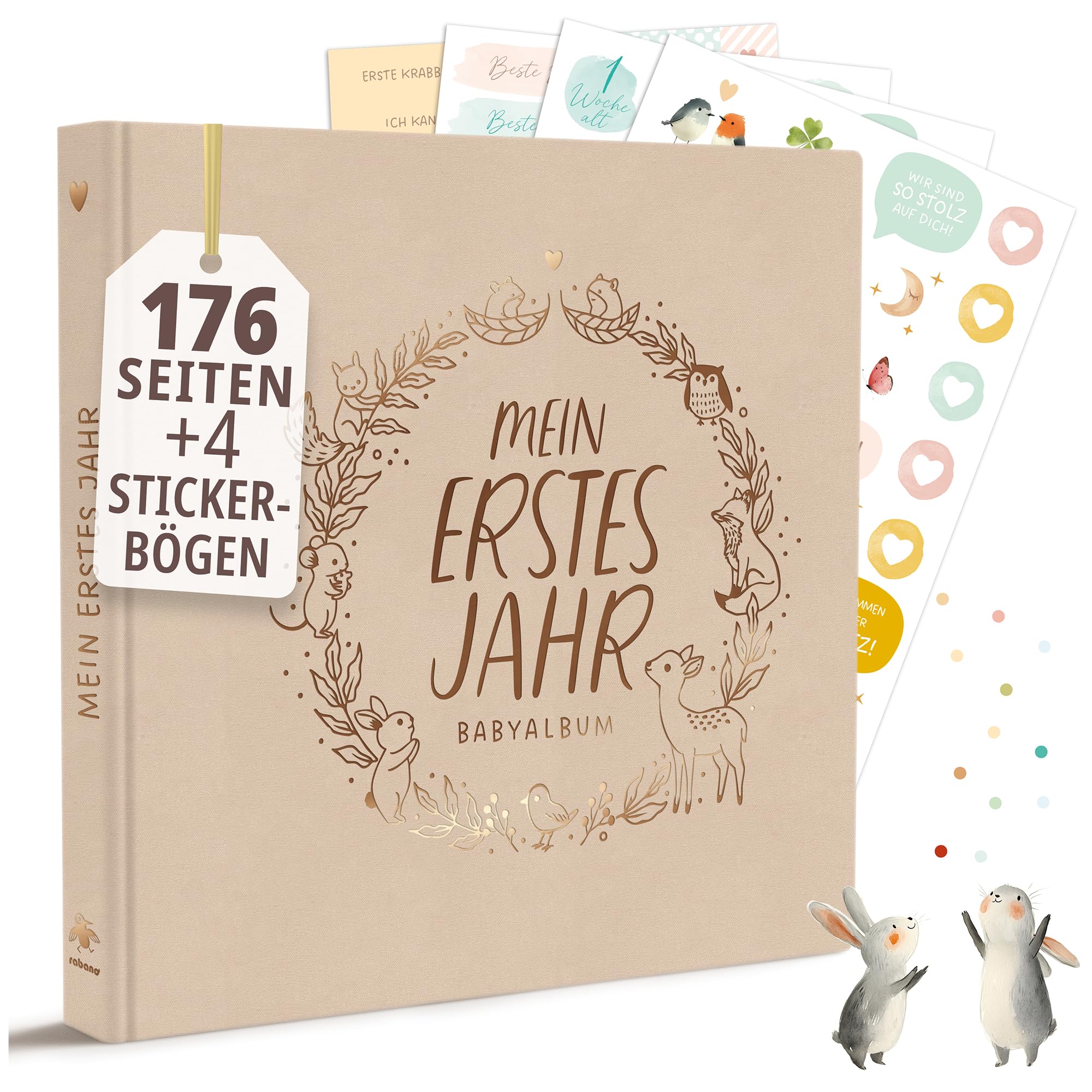 Mein erstes Jahr Babyalbum | PREMIUM Erinnerungsbuch Baby | Hochwertiges Fotoalbum Baby mit Goldprägung I 176 Seiten Baby Tagebuch I Geschenk zur Geburt für Mädchen & Junge - Babygeschenke (Leinen)