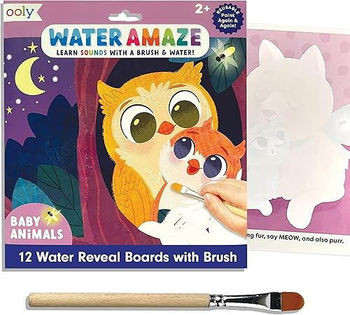 Ooly Water Amaze - Incluye 12 tableros de revelación y cepillo, almohadillas de revelación de agua reutilizables para niños, libros para colorear al