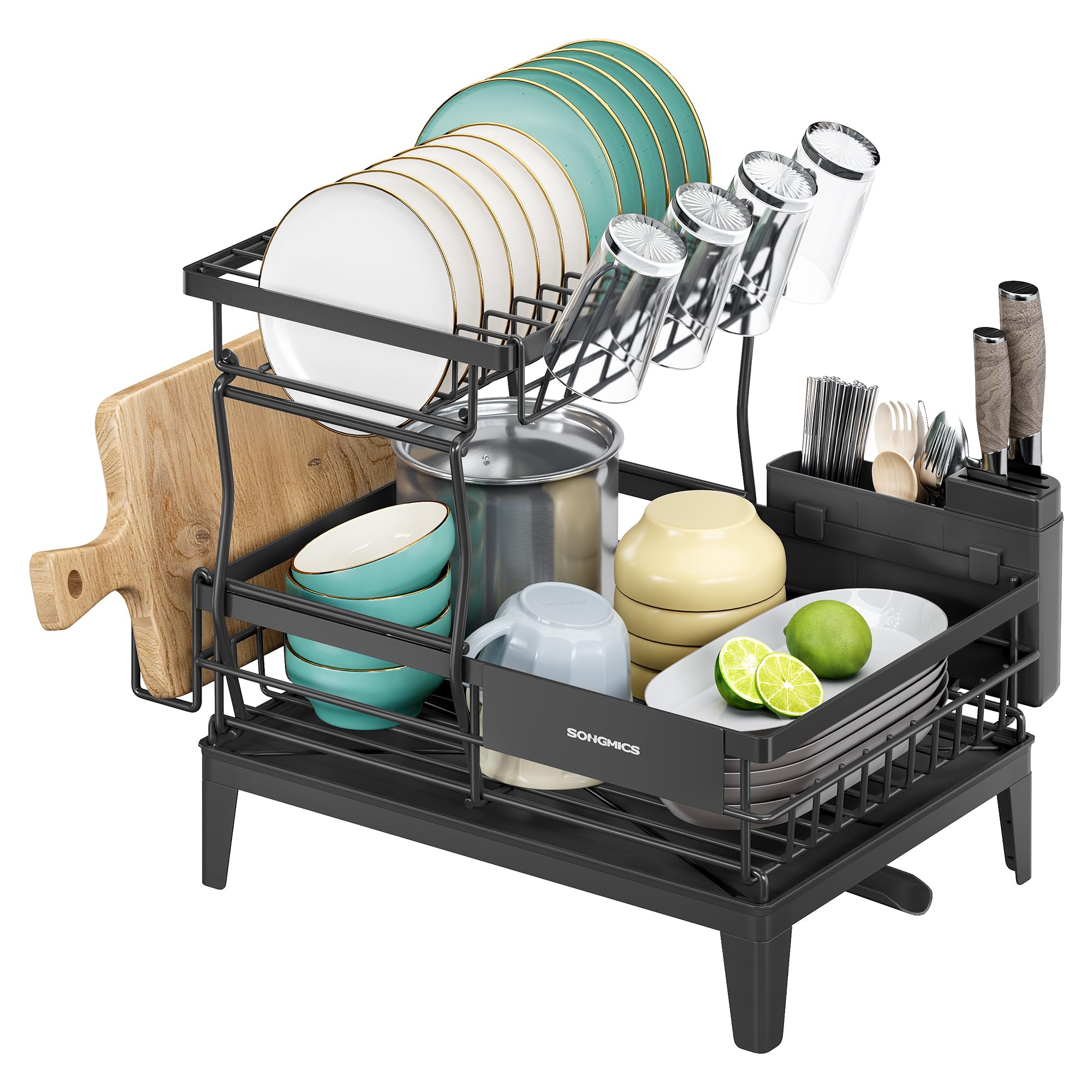 SONGMICS Abtropfgestell Geschirr, 2 stufiger Geschirr-Abtropfständer, 360° drehbarer und ausziehbarer Ablauf, Abtropfschale, Besteckhalter, Küche, 31 x 42 x 36,5 cm, tintenschwarz KCS551BH01