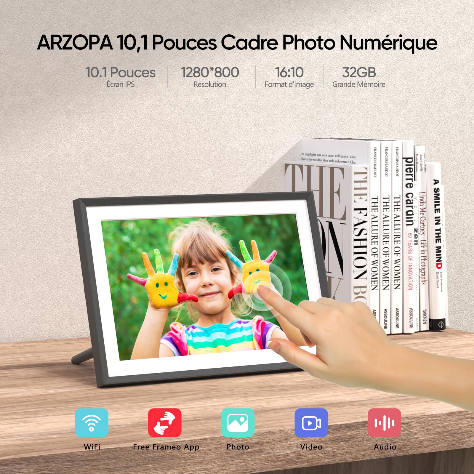 ARZOPA Cadre Photo Numérique 10,1 Pouces HD IPS Écran Tactile Cadre Numérique Photo Connecté WiFi Rotation Auto avec 32GB Partager Photos Vidéos Musique Via Frameo APP Horloge Météo