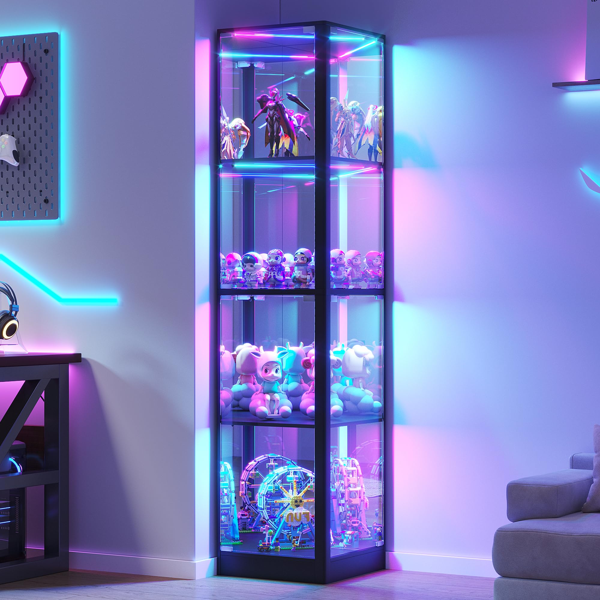 TAGELIER Glasvitrine mit RGB-Beleuchtung, 173 cm Vitrine mit 4 Ebenen, Eckvitrine für Sammlerstücke/Spielzeug/Bücher, LED-Aufbewahrungsschrank