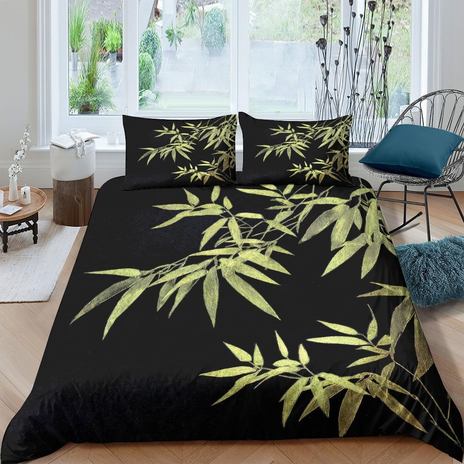 GPLZQXKJNH 3D Printed Bamboo Leaves Duvet Cover Set Microfiber Black Green Quilt Cover with 2 Pillowcases for Bedroom Soft Breathable Decor Single（135x200cm）