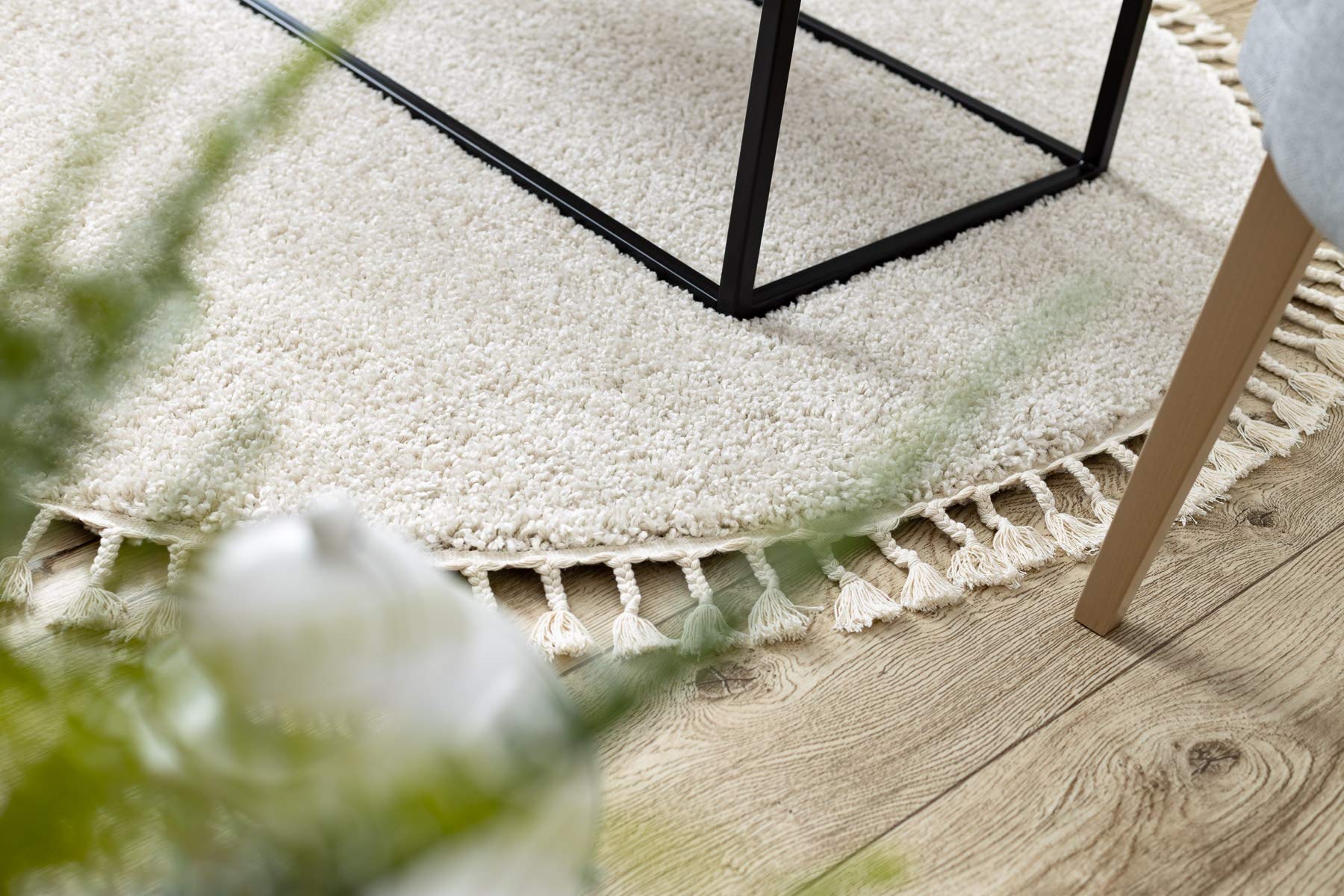 rugsx Tappeto Shaggy BERBER 9000 tinta unita con frange, stile boho, soggiorno camera, cerchio crema 120 cm