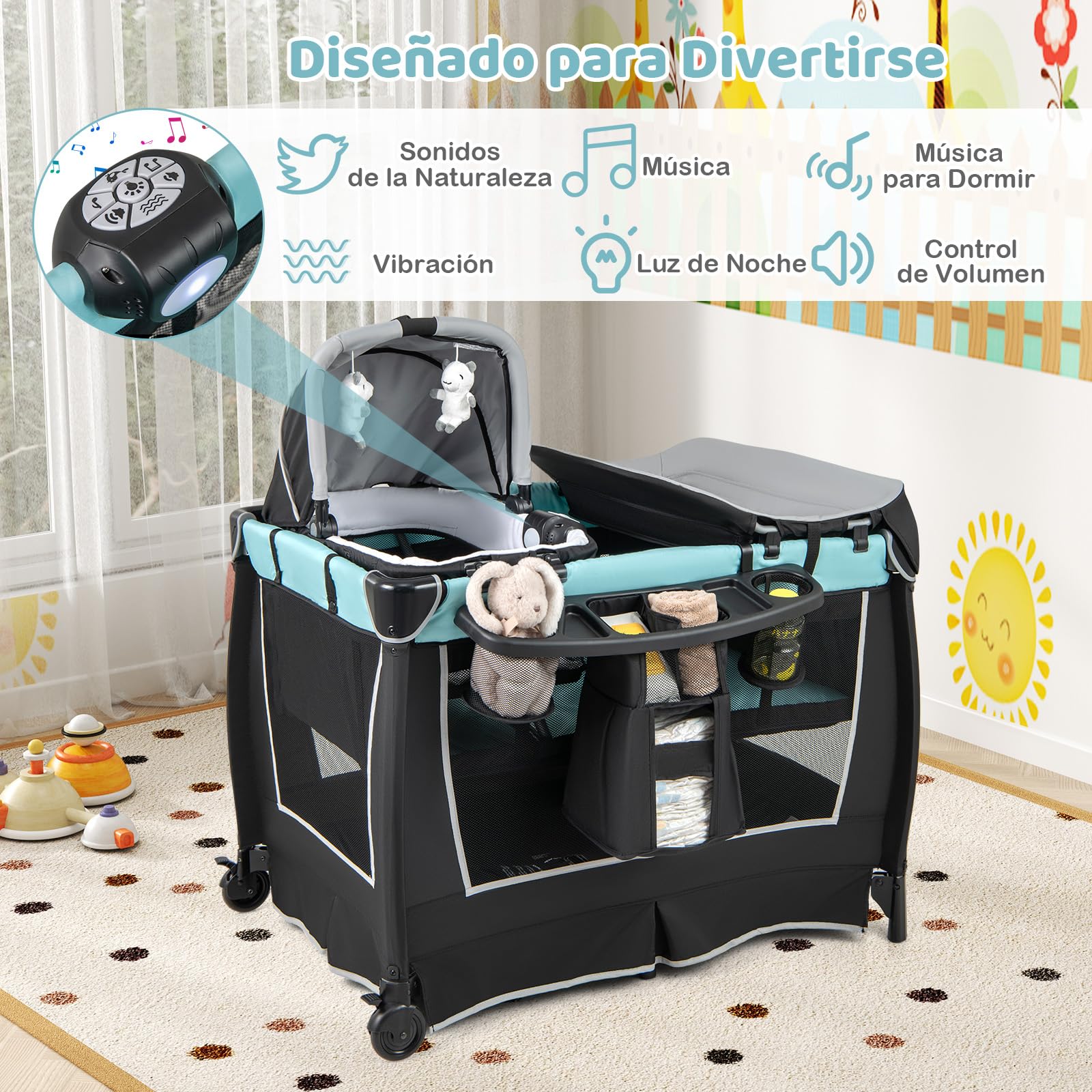COSTWAY Cuna bebe 6 en 1, Centro de Cuidado para Bebés, Parque de Juegos Portátil para Bebés con Moisés Cambiador, Dosel Ajustable, Barra de Juguetes Caja de Música, Bolsa de Transporte (Azul)