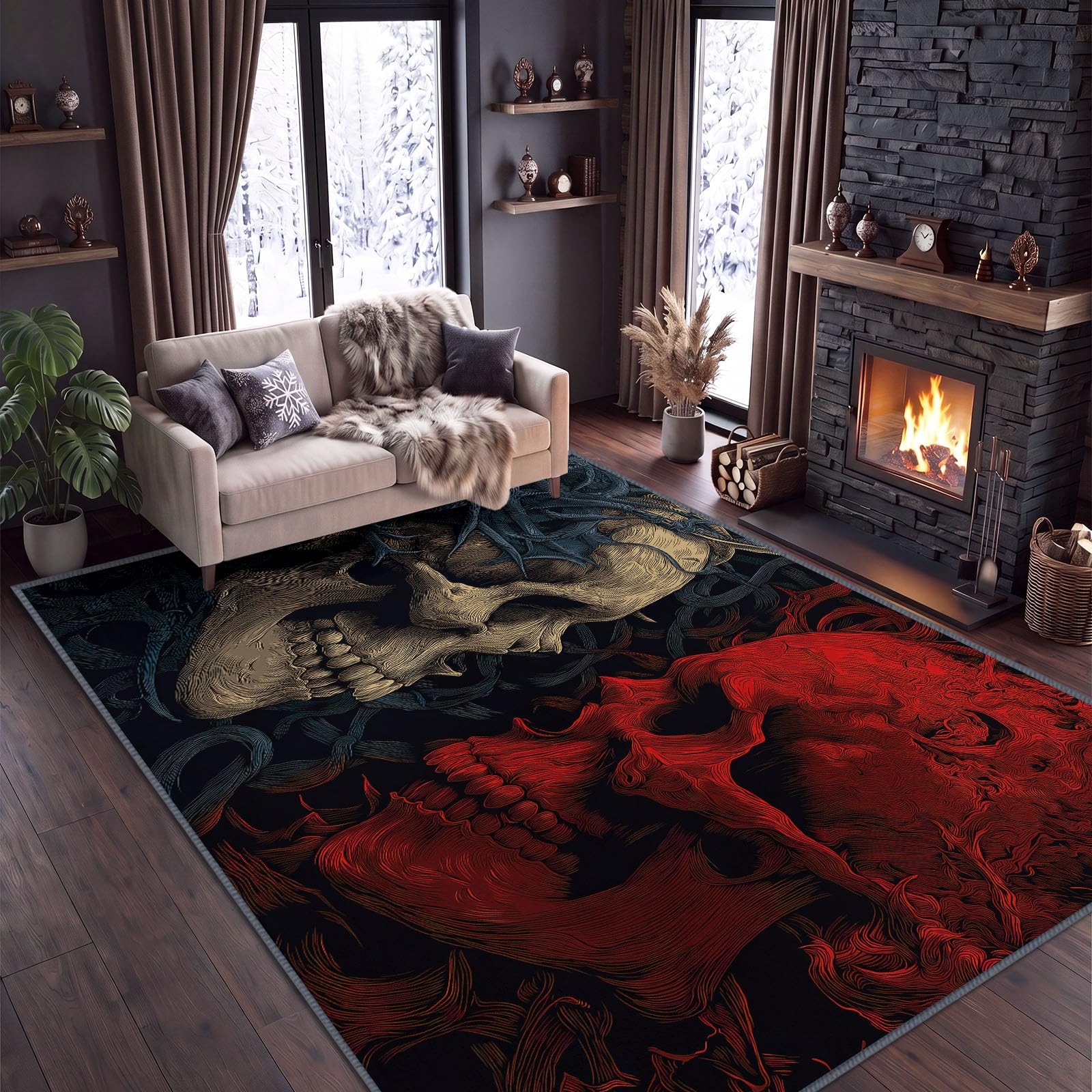 Alfombra de cráneo con raíces de árboles, 100 x 160 cm, para dormitorio, gótica, suave, antideslizante, lavable, para salón, comedor, entrada interior