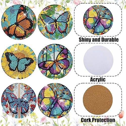 Miniatura 4 de KJMYYXGS Juego de 6 posavasos de pintura de diamante con soporte, kit de posavasos de pintura de diamante de mariposa, posavasos de bebida con base