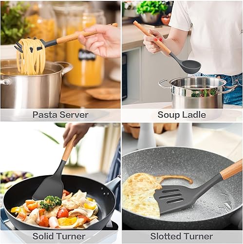 Miniatura 5 de LIANYU Juego de 30 utensilios de cocina de silicona con organizador juego de utensilios esenciales de cocina de silicona con mango de madera