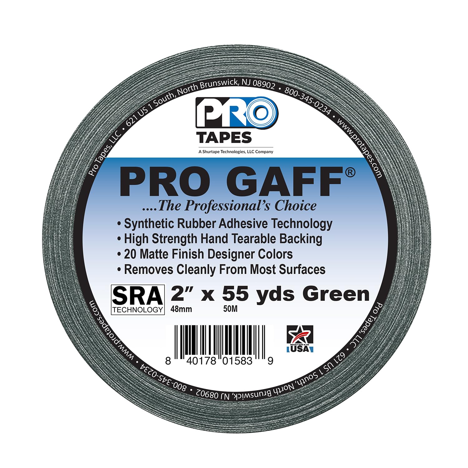 ProTapes 840178015839 Pro Gaff-Nastro adesivo in tessuto opaco Gaffers adesiva in gomma, 11 mil, spessore: 55 yd. lunghezza, larghezza 5,08 (2 cm, colore: verde