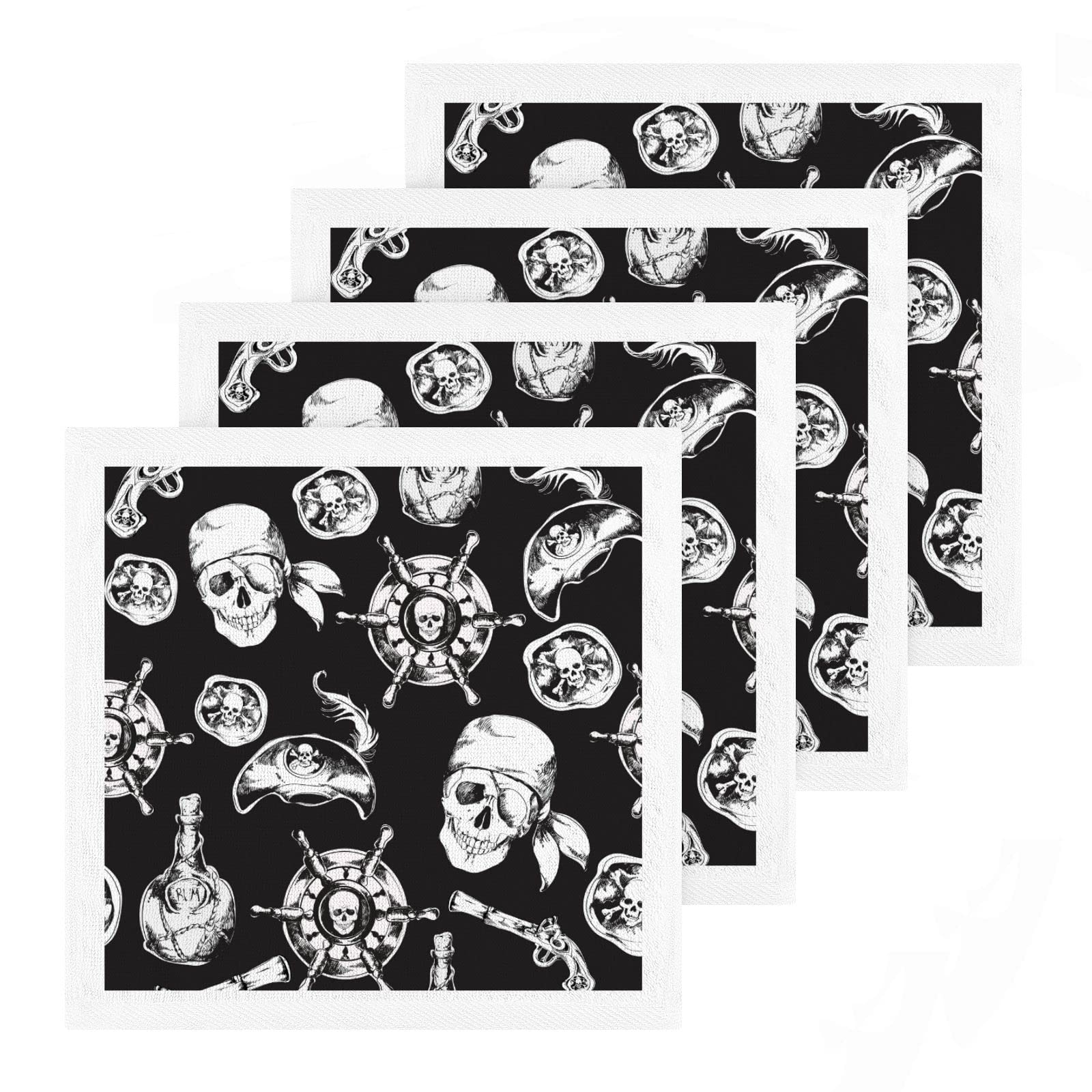 VnurnrnPirate Skull Towels Cotton Washcloths Set, Soft Highly Absorbent Face Cloths, Fingertip Towels for Bath Fitness, Sports, Yoga,12'' x 12'' (4 Pack)
