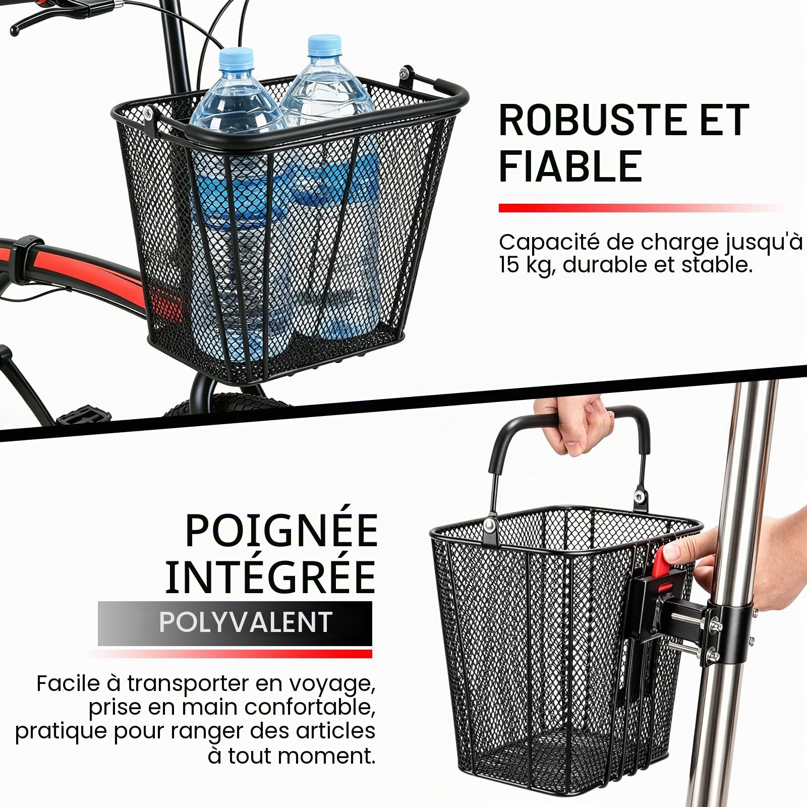 Panier Avant Trottinette Électrique, Panier de Guidon Amovible | avec Fixation Rapide, Compatible Guidon 34–62mm, Charge Max 15kg, Panier Métallique Solide avec Poignée, 22x17x24,5cm