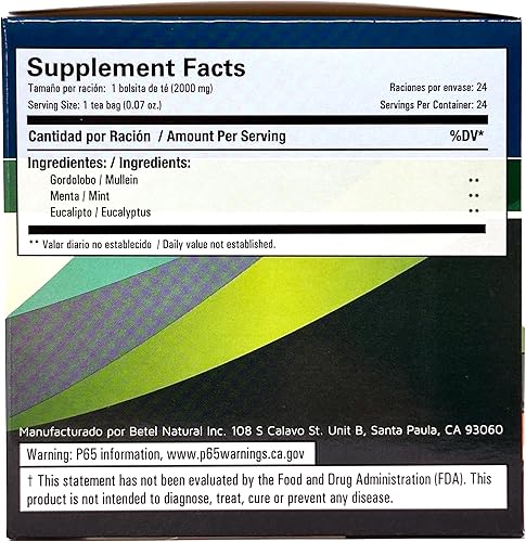 Miniatura 4 de Betel Natural Gordolobo premium, menta y eucalipto Te Delicioso para El Tiempo de Frio - 0.07 oz - 24 bolsas de té