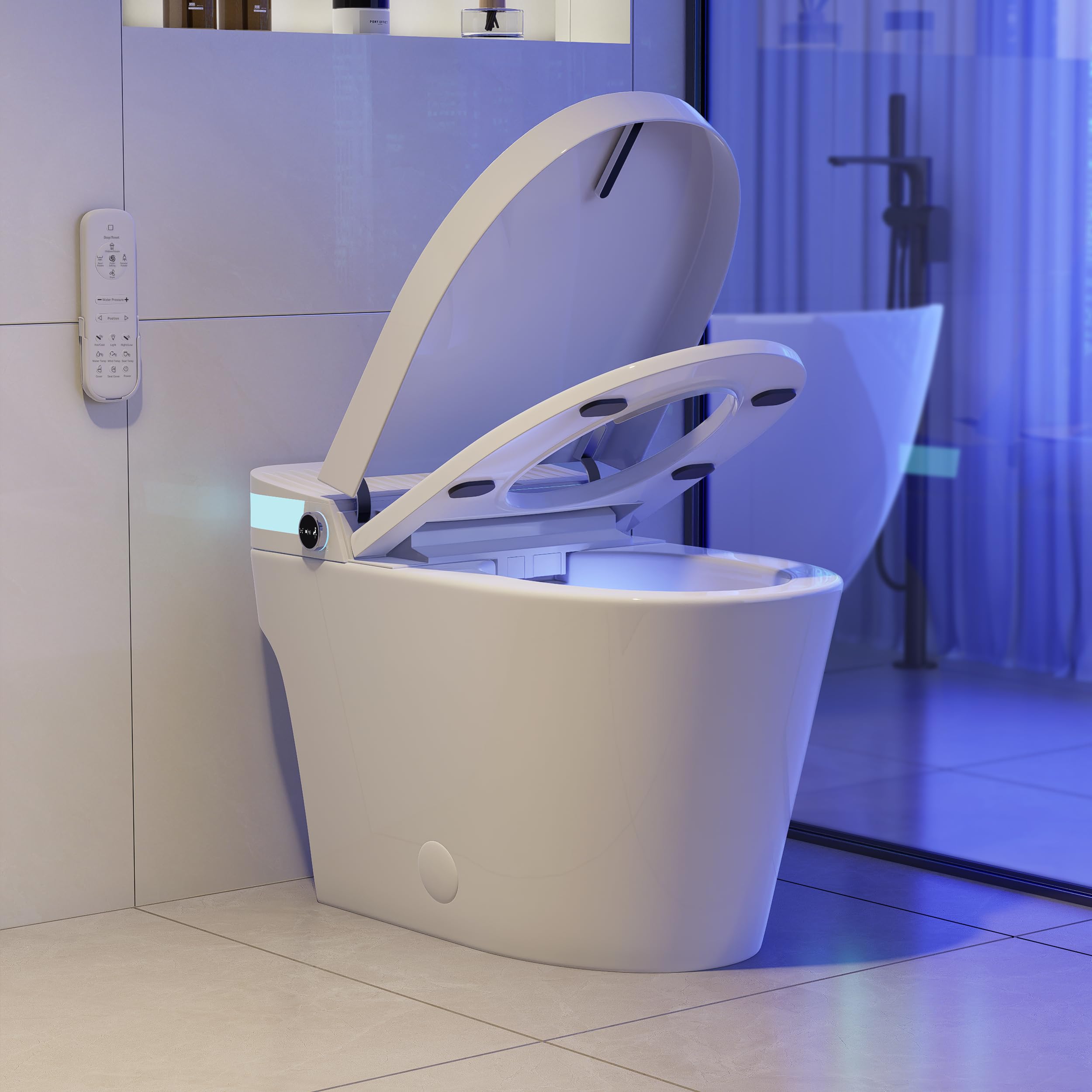 Homary Toilette Japonaise avec Chasse d'Eau Automatique 5L, WC Japonais Monobloc à Poser avec Siège Chauffant et Éclairage LED, Séchage à l'Air Chaud, Blanc, Sortie Horizontale (70x40x50cm)