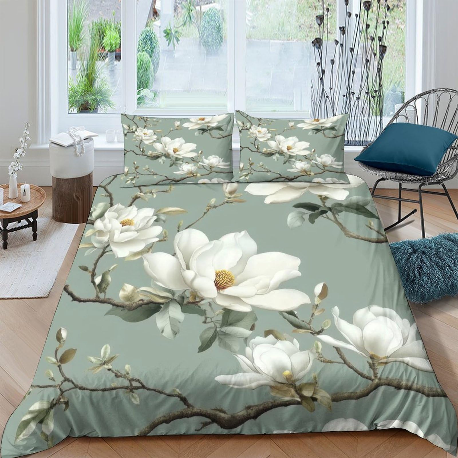 Weiße Magnolia Blüten 3-teiliges Reines Polyester Botanischer Garten Stil Bettbezugset, Versteckter Reißverschluss, Krippenbettwäsche, Babysicher & Gifffrei King（220x240cm）