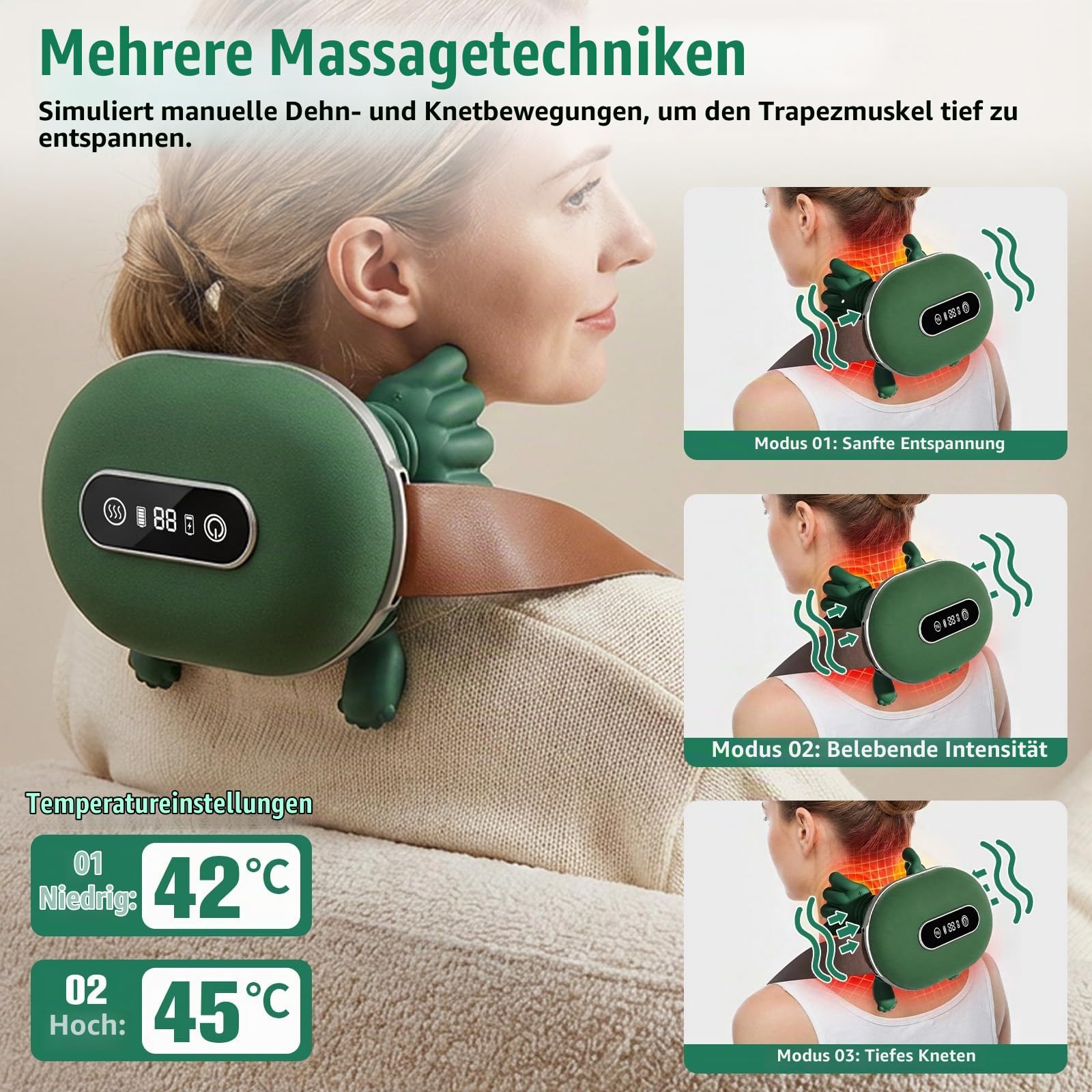 Nackenmassagegerät mit Wärmefunktion, Rückenmassagegerät mit 3 Massagestufen & 2 Temperaturstufen, tragbar und wiederaufladbar Massagegerät zur Muskelentspannung für Nacken, Schultern und Rücken