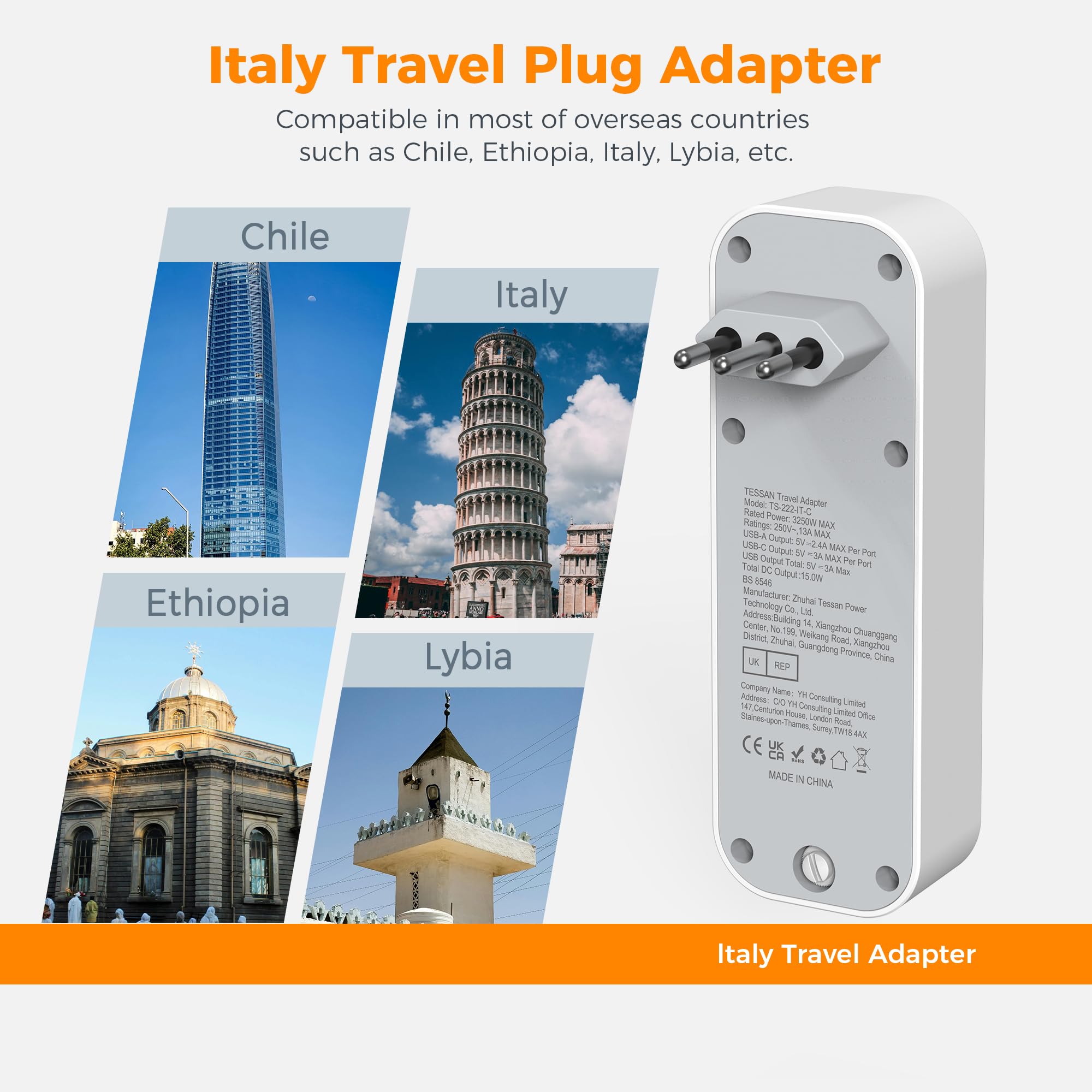 UK to Italy Plug Adapter, TESSAN Italian Travel Adaptor with 3 USB Ports (1 USB C) - Image 2