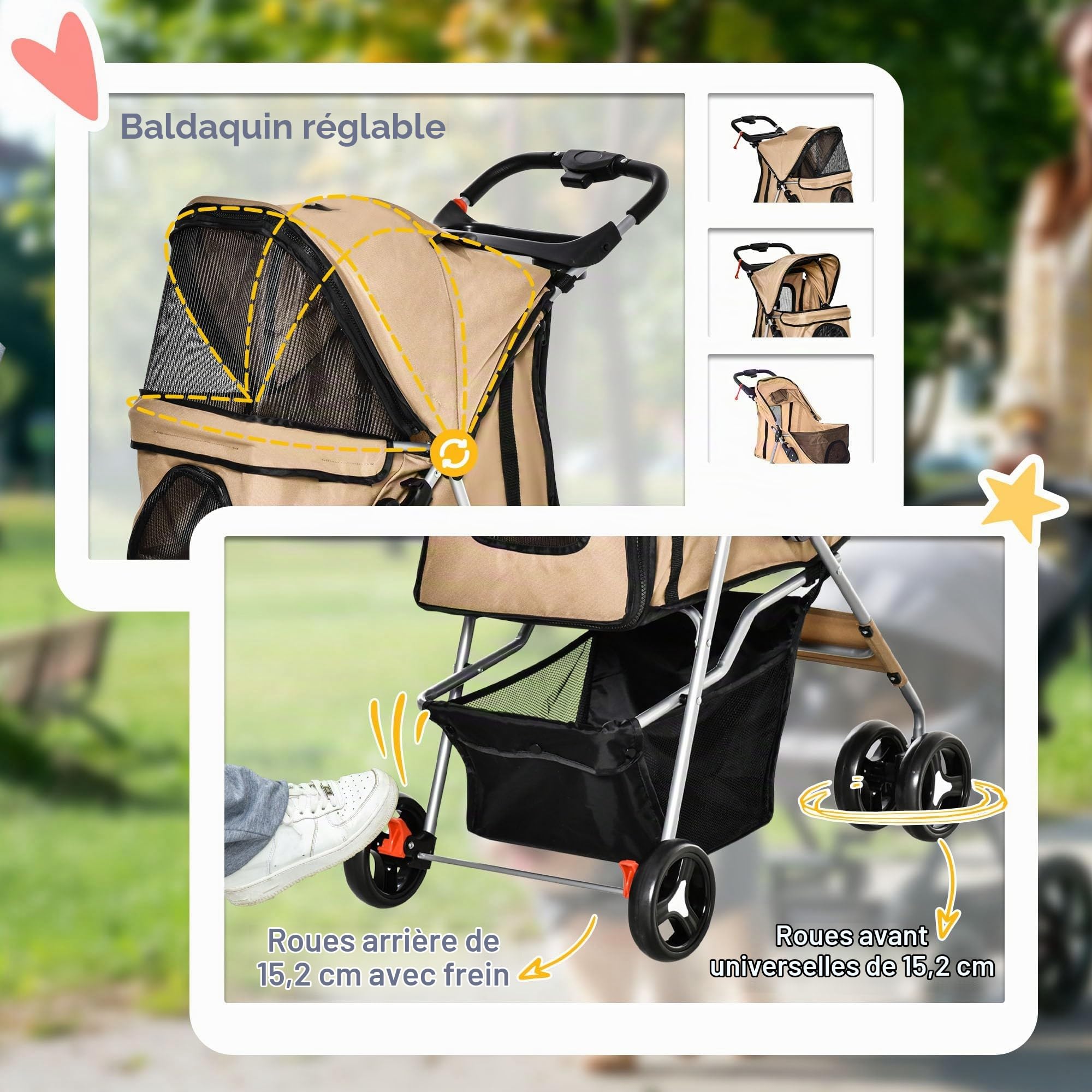 PawHut Poussette pliable chat chien XS/petits Café | Porte-gobelet, transporteur à 4 roues avec freins, roues avant pivotantes à 360°, panier de rangement