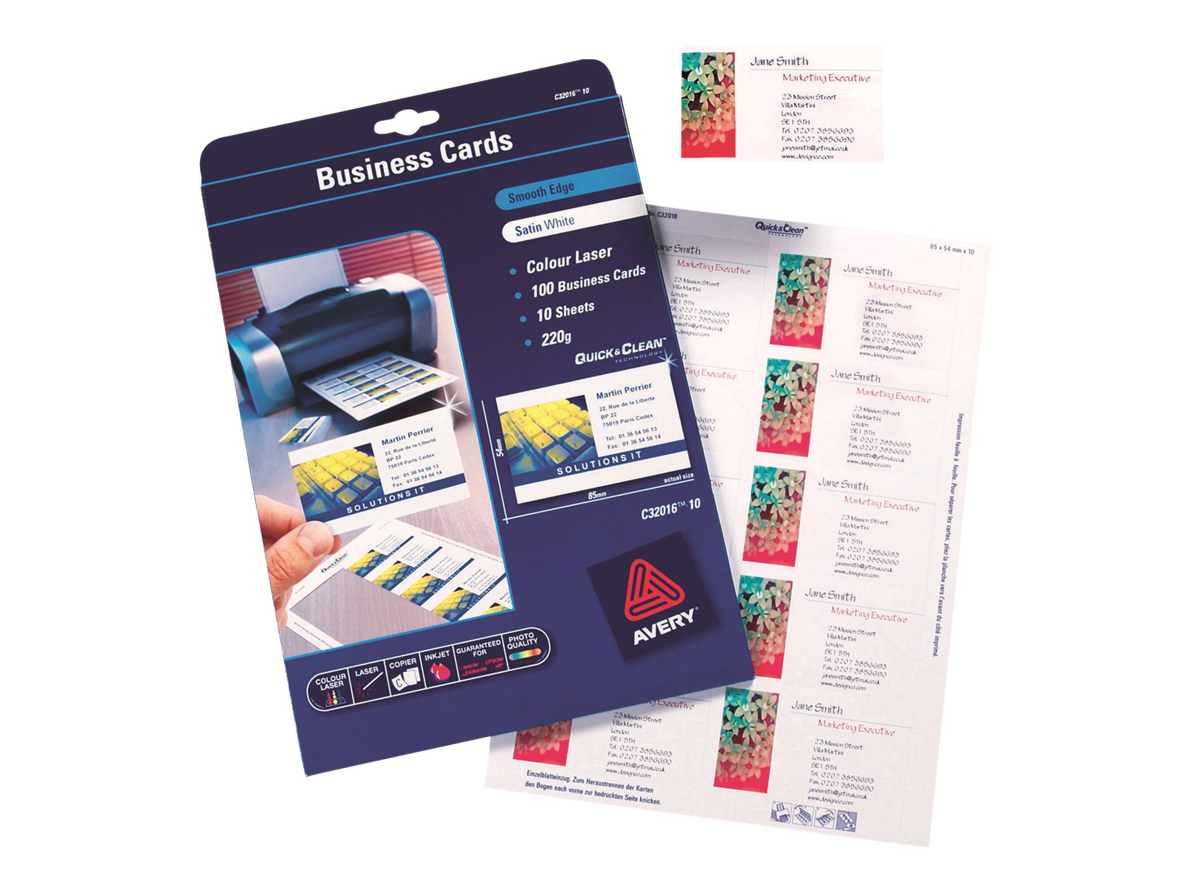 Avery Zweckform C32016-10 10 Sheets Business Cards Satinised Brilliant White recommended for Colour Laser 220 g Flat Cut Sides
