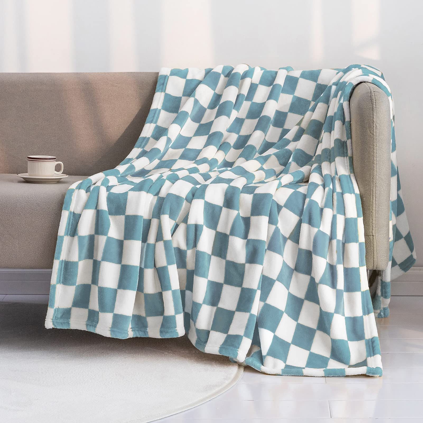 *similar style to stock photo* LOMAO Throw Blankets Flannel Blanket with Checkerboard Grid Pattern Soft Throw Blanket for Couch, Bed, Sofa Luxurious Warm and Cozy for All Seasons (Light Blue, 51\"x63\")