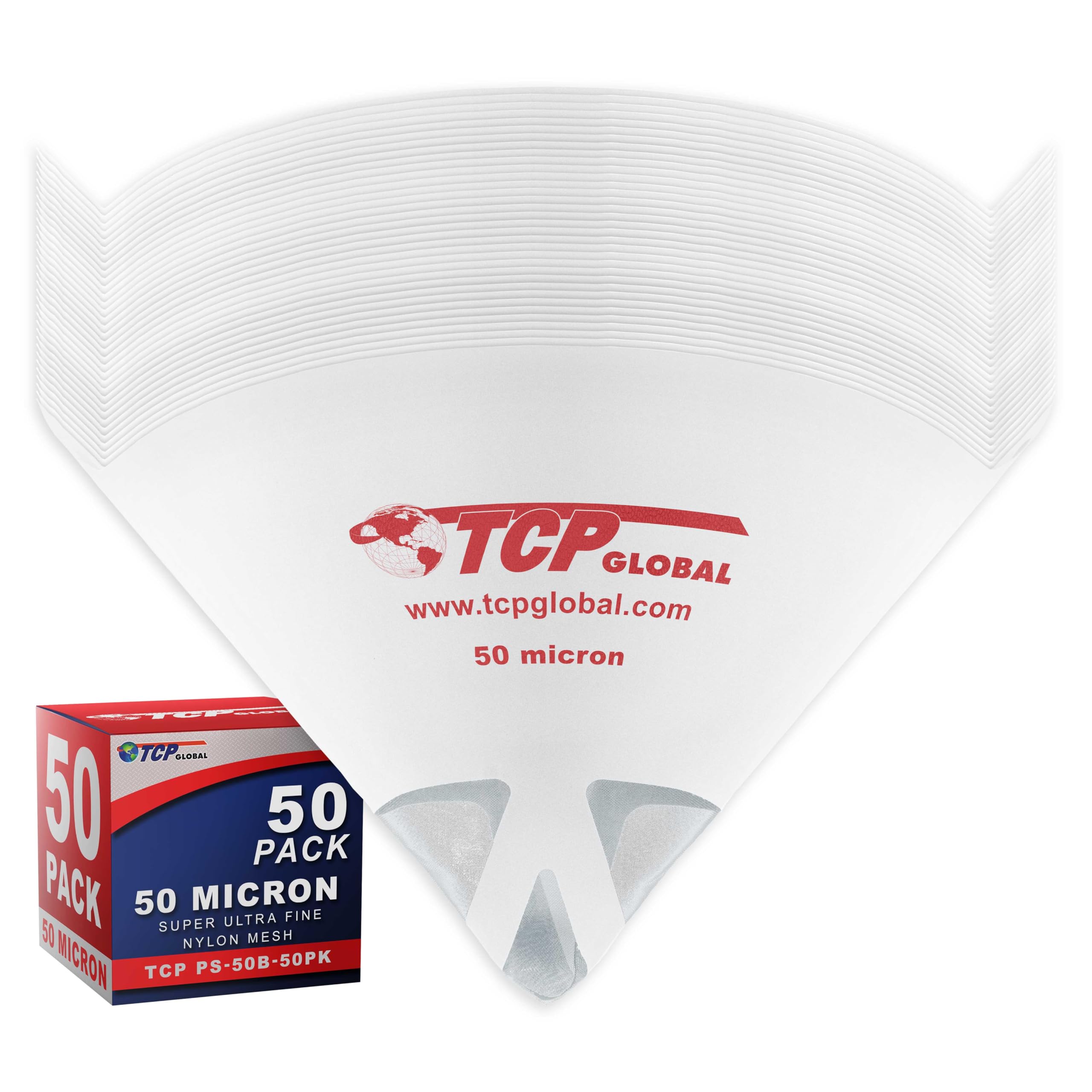 TCP Global Automotive Cone Paint Strainer with 50 Micron Micro-Fine Filter Mesh Tip (50 Pack) - Ideal for Clearcoats, Disposable Paper Funnel for Microscopic Particle Filtration - Auto Finish Coatings