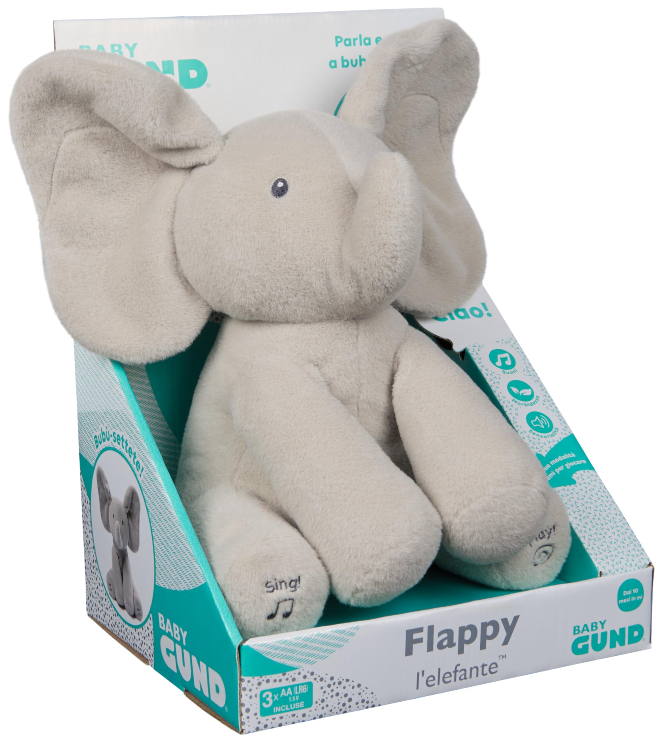 GUND Flappy Elefantino Peluche Interattivo, Canta e Parla in Italiano, Muove le Orecchie, Peluche di 30.5 cm, Peluche per Bambini, 10+ Mesi