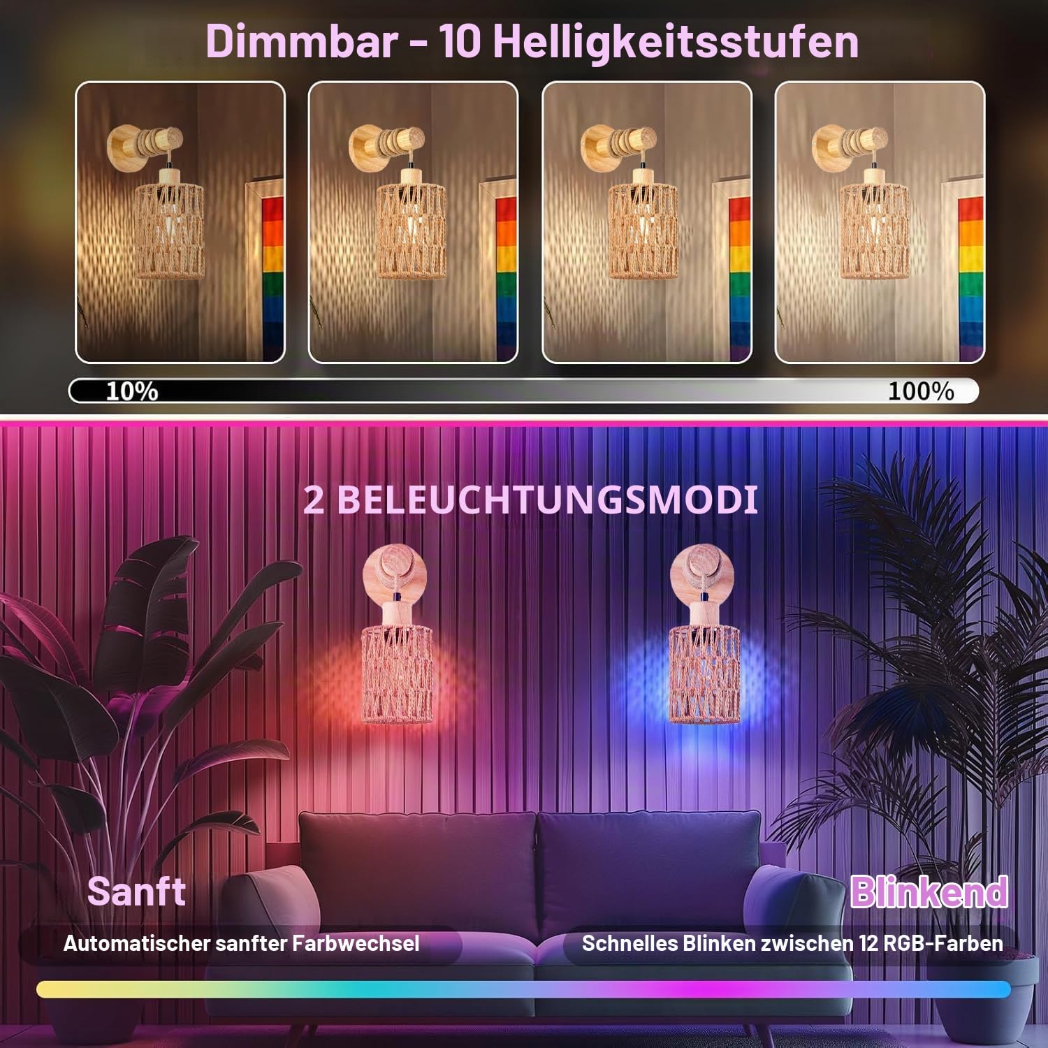 2 Stück Innen Wandleuchte mit Fernbedienung Akku Glühbirne Holz Vintage Wandlampe RGB Dimmable Nachttischlampe E27 Retro Bambus Laterne Rustikal Wandlampe für Wohnzimmer Schlafzimmer Treppen Flur