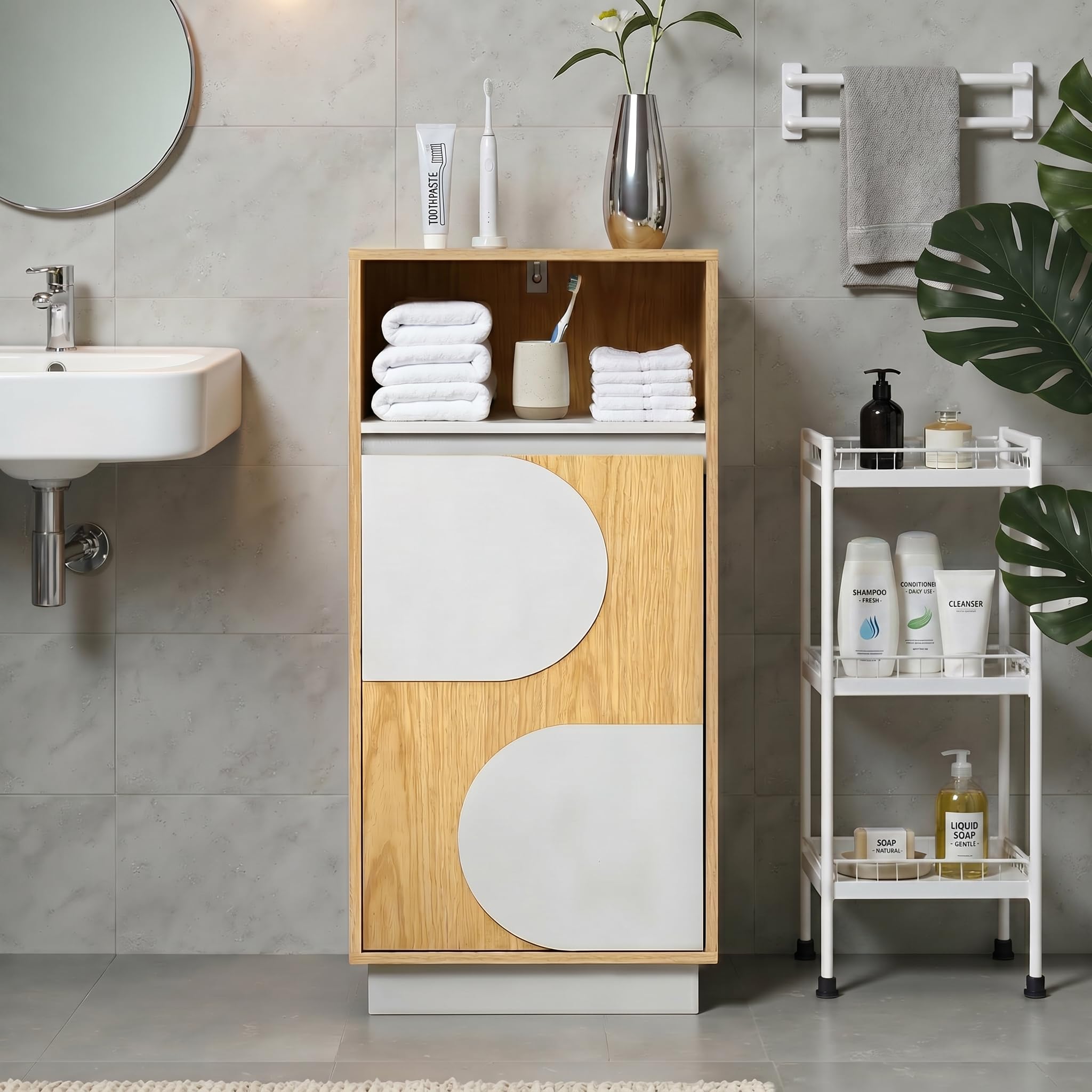 Hometopia Badezimmerschrank 85cm schmal, Badregal mit Tür | verstellbare Regalböden, Eichenoptik, freistehend, Holz, vielseitig für Bad, Wohnzimmer & Flur, 30x40x85 cm, pflegeleicht