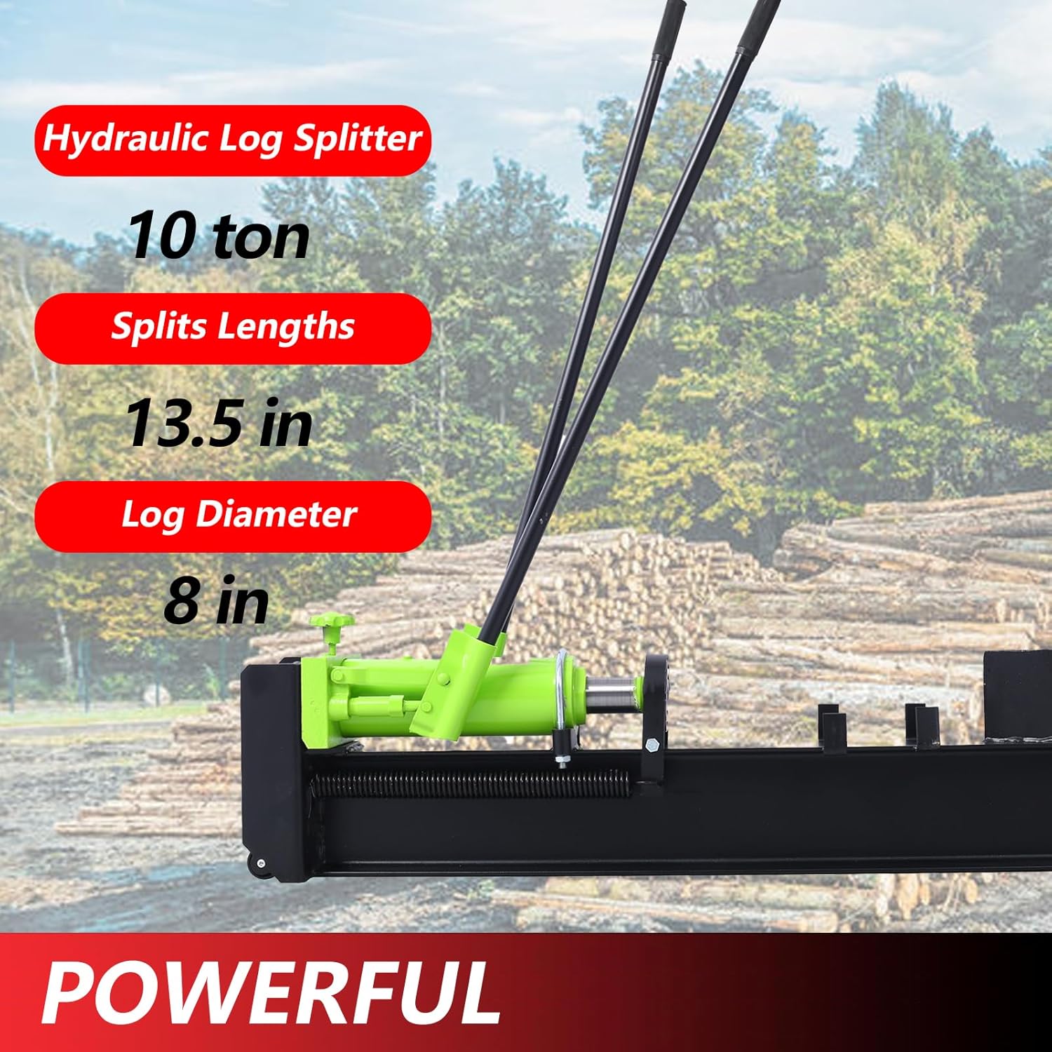 10 Ton Horizontal Log Splitter Wood Cutter Manual Hydraulic 2 Speed Wheel Hydraulic Log Splitter: Durable Manual Wood Splitter with Horizontal Full Steel Beam, Labor-saving Machine - Stable and Safe