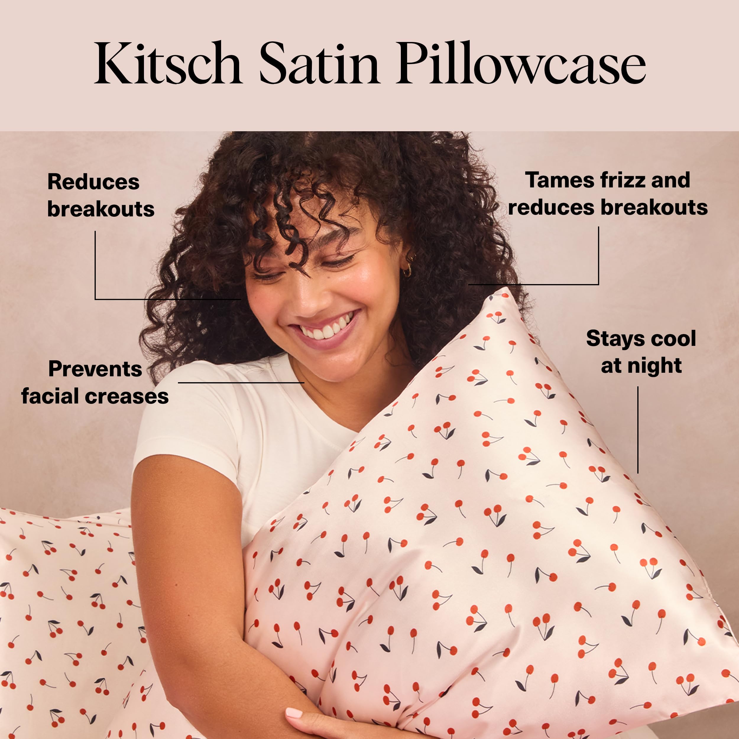 Kitsch - Morbida federa in raso con cerniera, delicata su pelle e capelli, per un sonno di qualità, liscia e senza pieghe, formato king size: 48,3 x 91,4 cm, motivo stampato: ciliegie