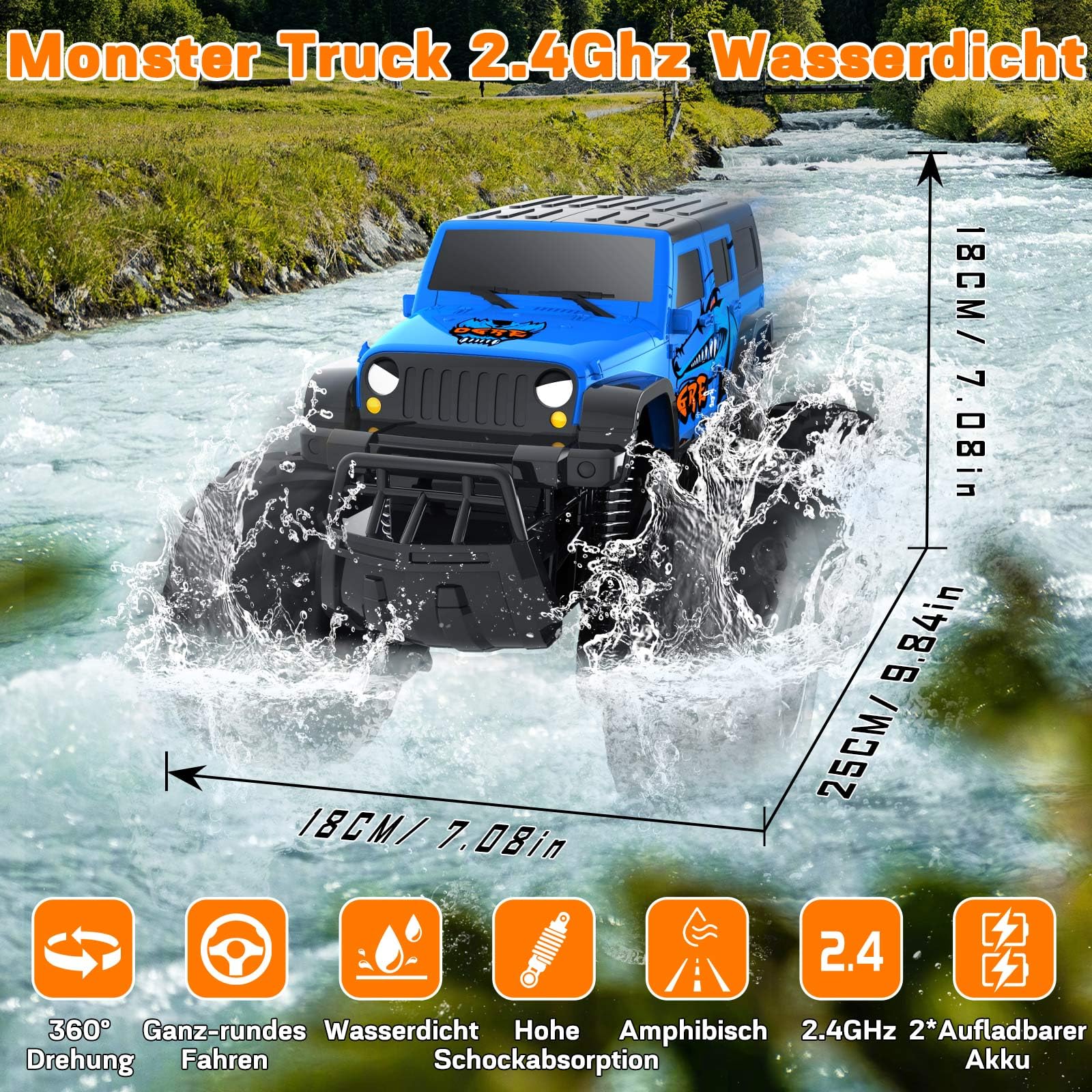 Gindoly Macchina Telecomandata, 2,4 GHz macchina telecomandata per bambini, 4WD 15+ km/h Monster truck radiocomandato,veicolo anfibio con telecomando-Monster