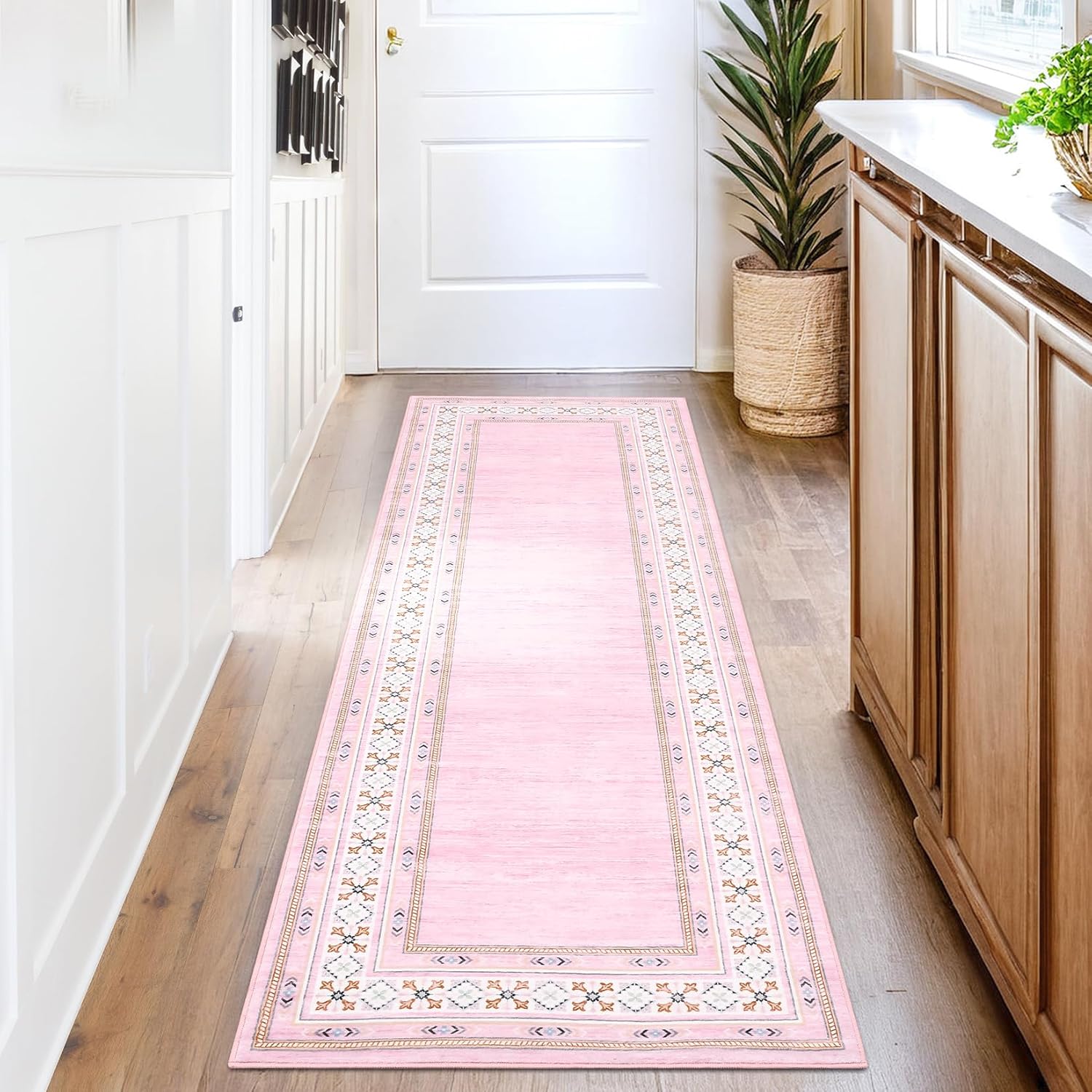 2x6 Kitchen Rugs Non Slip Washable, Modern Solid Runner Rug for Hallway, Non Shedding Low Pile Bordered Carpet Stain Resistant Foldable Soft Mats for Bathroom, Entryway, Bedroom, Pink