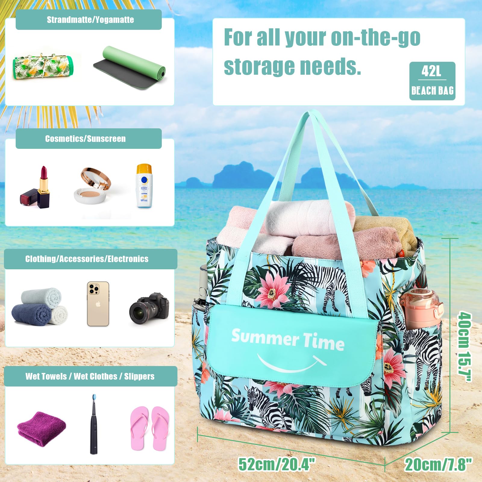 Myhozee Borsa da spiaggia XXL Famiglia Borsa da bagno impermeabile Donna Borsa da spiaggia grande con cerniera e tracolla per coperta da spiaggia, piscina estiva Sauna Borsa Tote Borsa Sopper