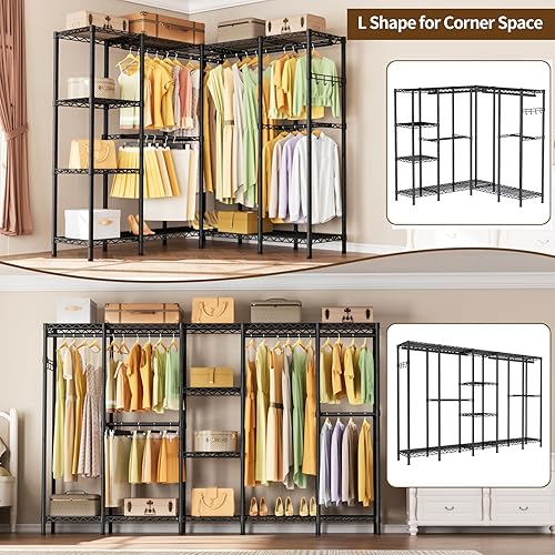 Vista 15 de Perchero de ropa grande resistente, estante de ropa portátil independiente con 8 estantes de alambre ajustables, 3 barras para colgar, 4 cajones