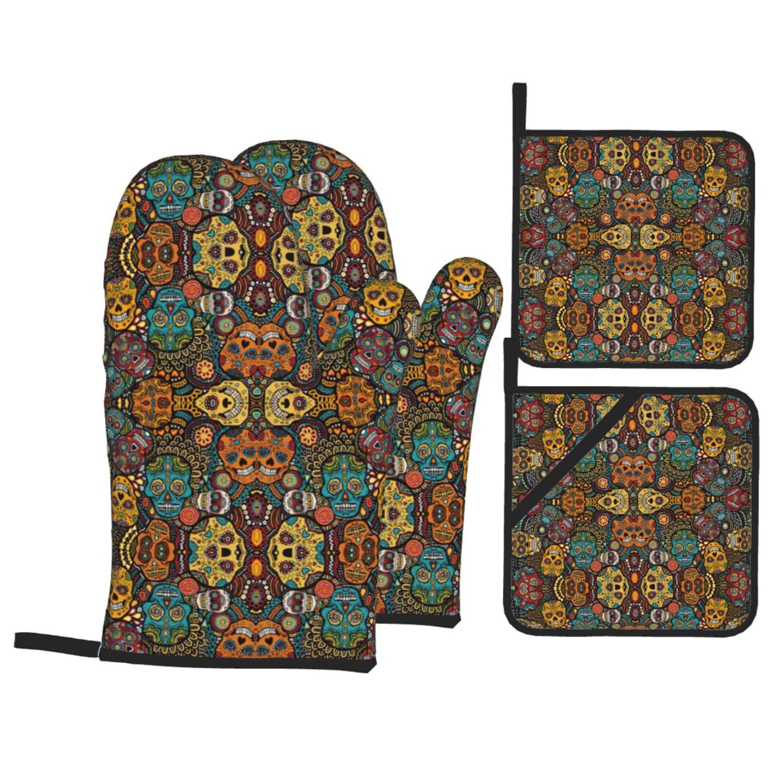 Colorful Sugar Skulls Print Oven Microwaving Waterproof Kitchen Gloves for Baking Grilling Holiday Cooking