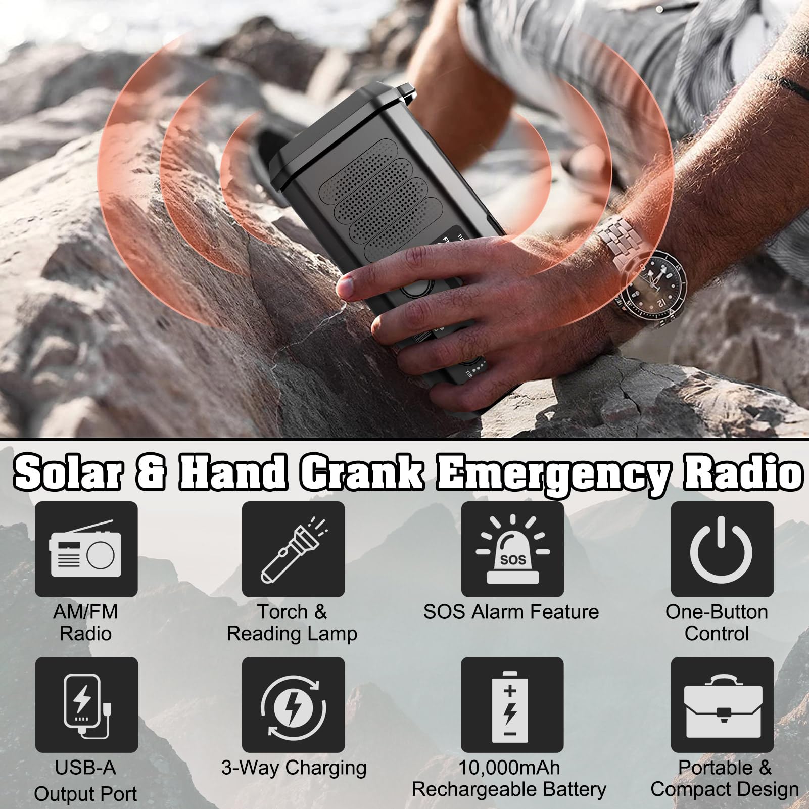 Dslive Wind Up Radio, Solar & Hand Crank Emergency Radio with 10,000mAh Power Bank, AM/FM Portable Radio, LED Torch, Reading Lamp, SOS Alarm & 5V USB Output for Outdoor, Camping, Hiking — view 6