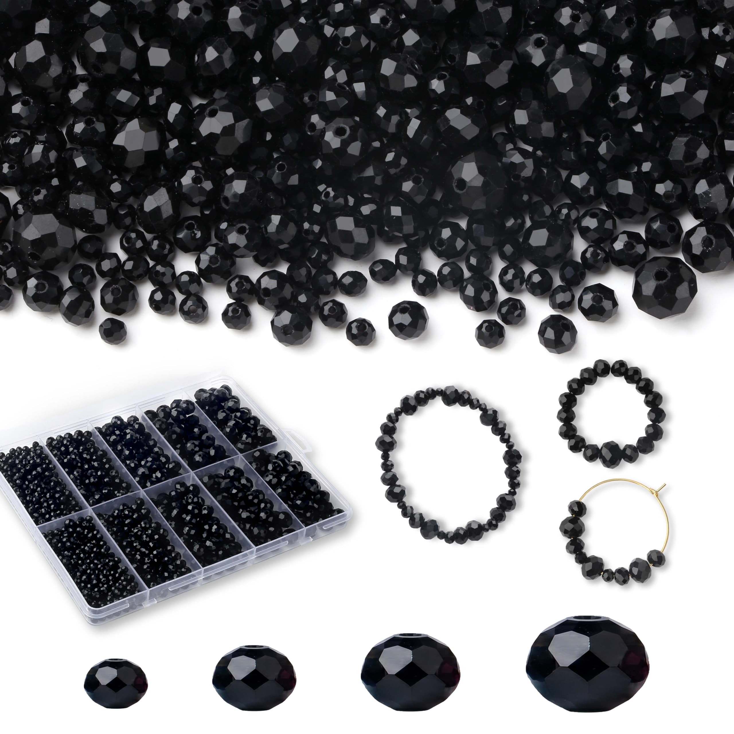 QINJIEJIE 1000 Pcs Black Glass Beads for Crafting Bracelet Making, 4 Sizes (4mm 6mm 8mm 10mm), Black Glass Beads for Jewellery Making DIY Crafts, Necklace Bracelets Making Kit for Girls Adults