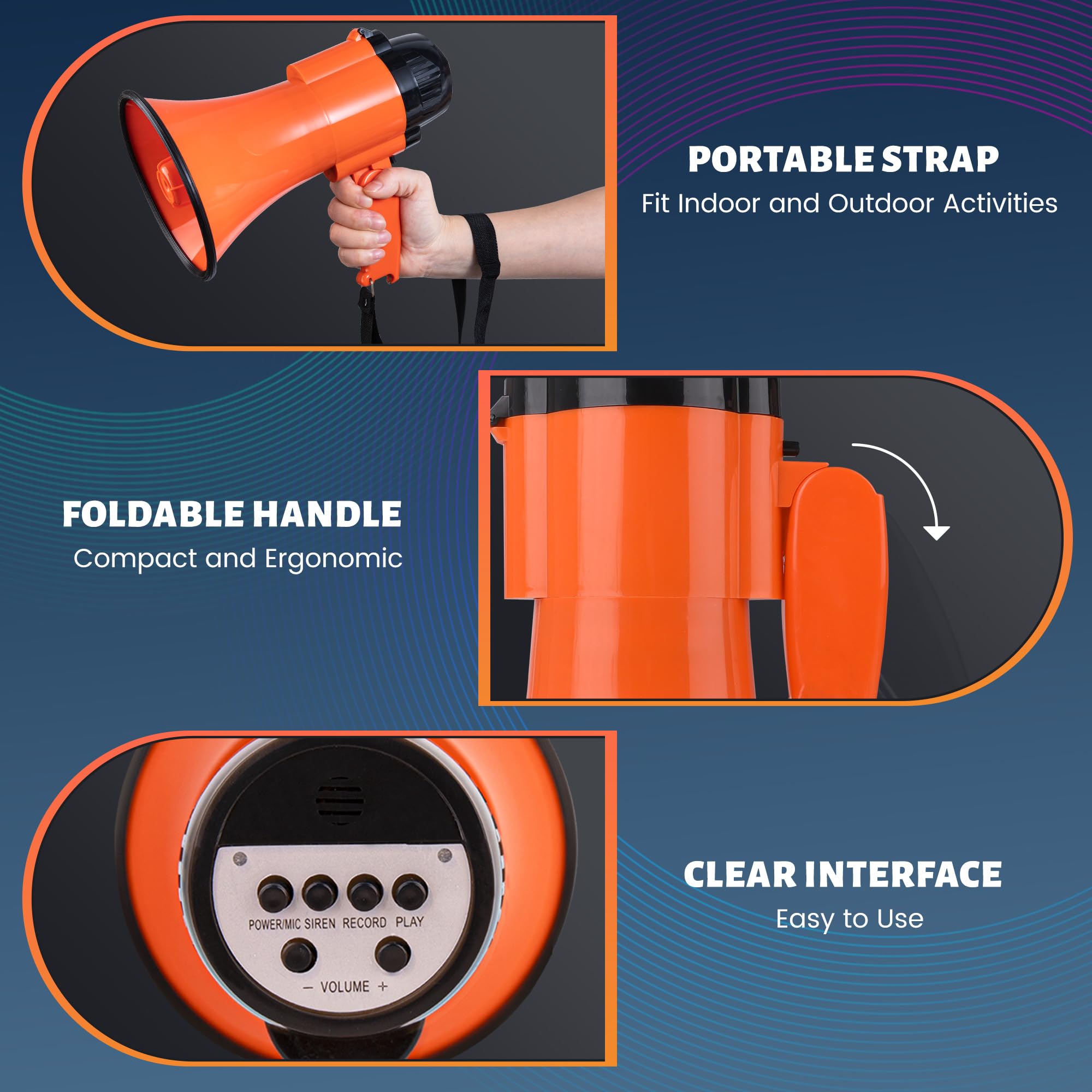 Megafono Portatile 30W Con Registrazione 300s, Sirena, Portata 500m, Batteria 1500mAh, Durata 10 Ore, ABS, Per Manifestazioni E Vendite