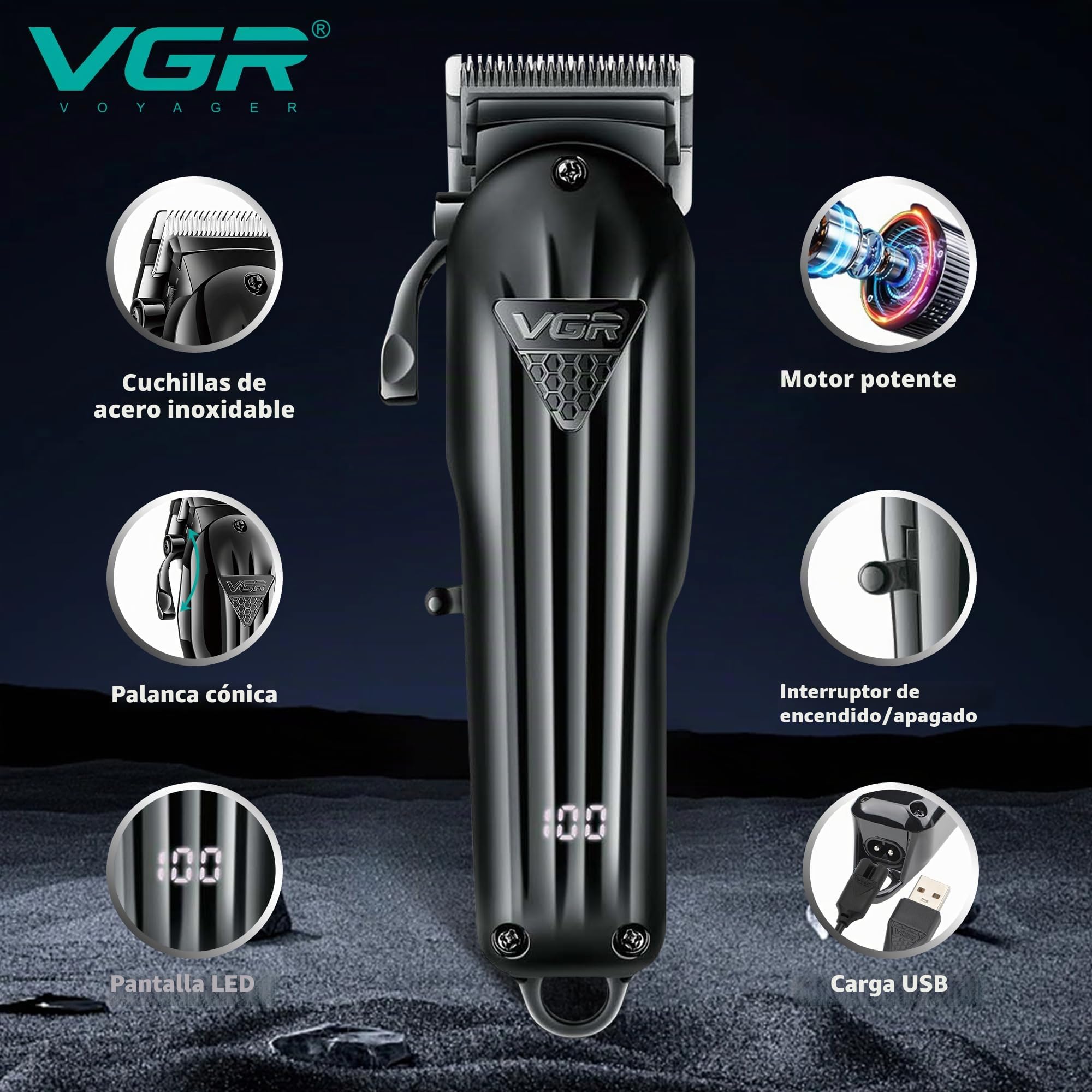 VGR Cortacésped inalámbrico para hombre - Kit de corte de pelo eléctrico - Palanca cónica - Macho, recargable USB-C - Batería 200 minutos - Cabeza calva
