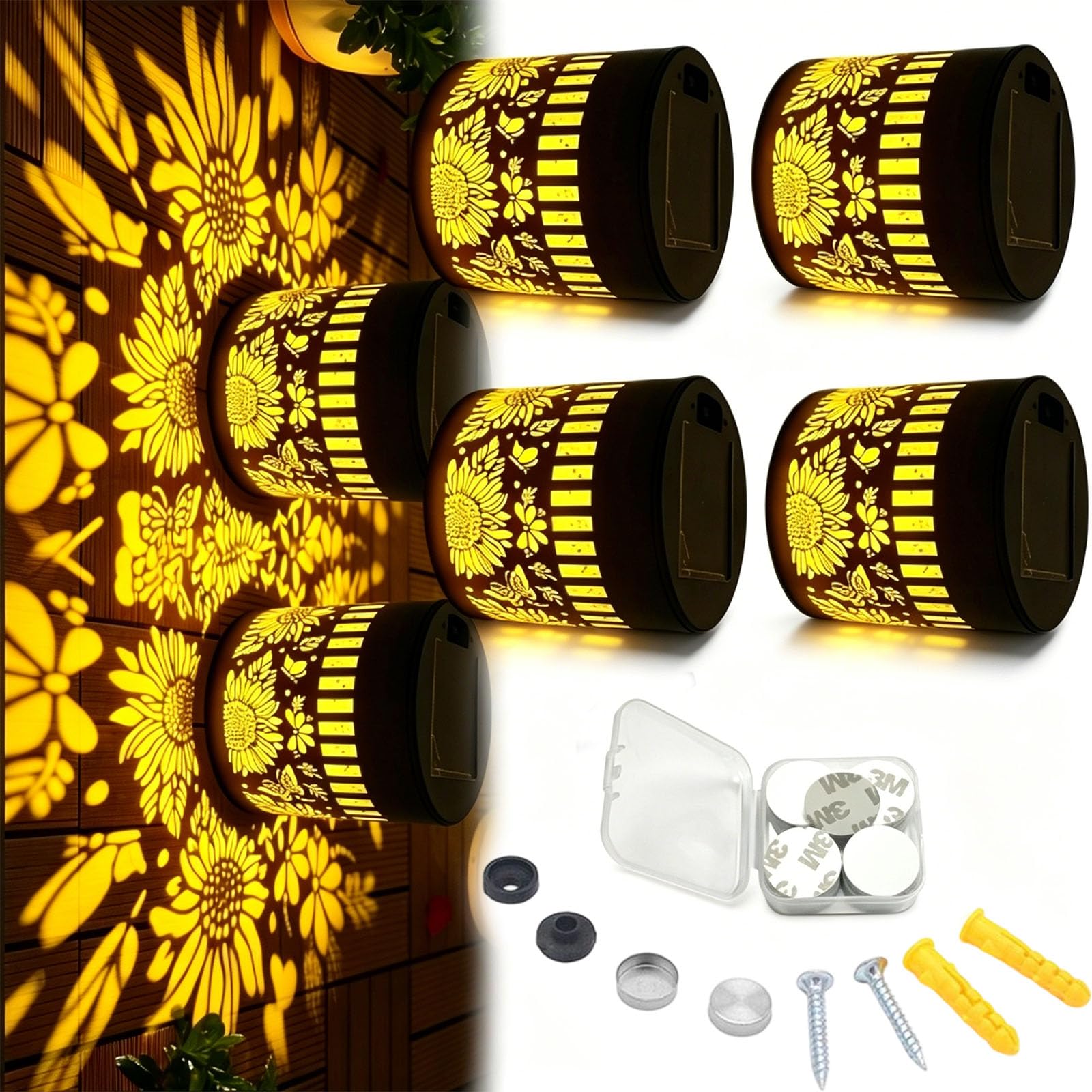 rialgirw Solar Mandala Wall Lights, Seven‑Color Changing Outdoor Decorative Projection Lamp, Waterproof Metal Fence Light for Yard Garden Patio Backyard Post (B,4PCS)