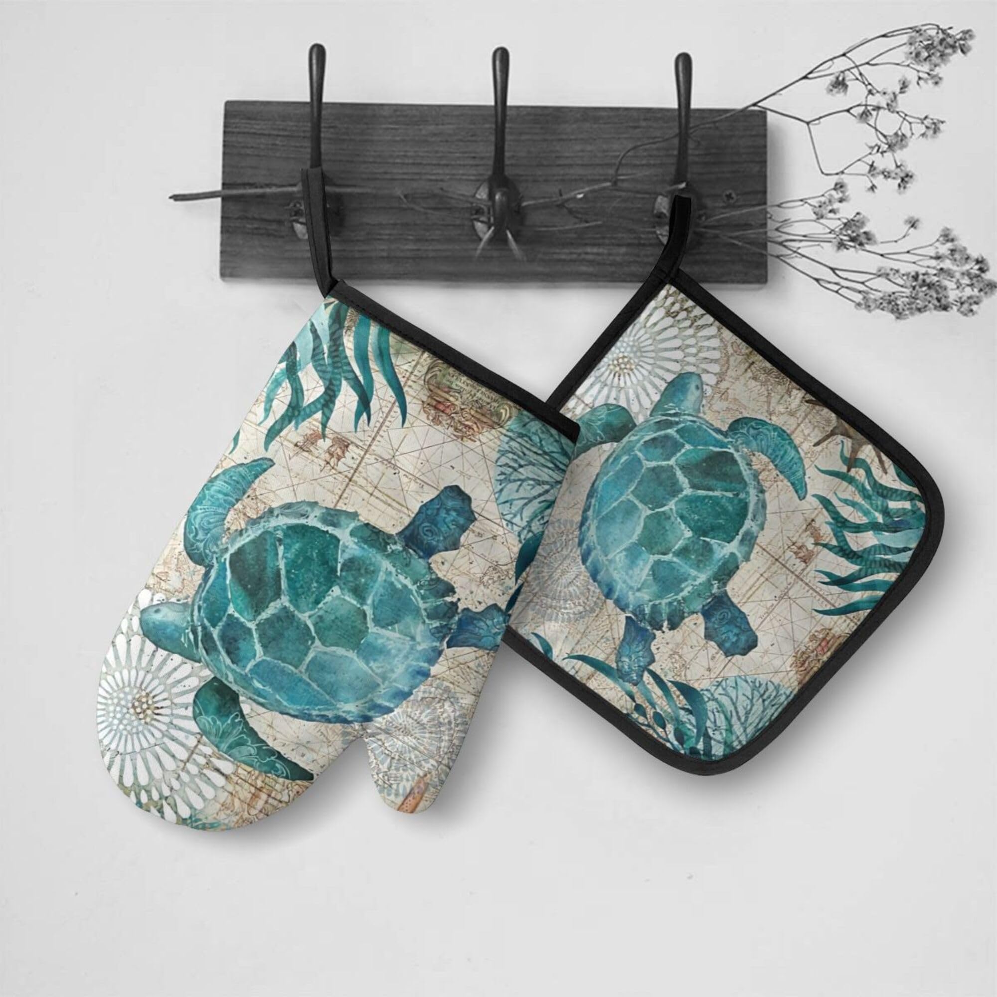 Blue Sea Turtle Nautical Map Pot Holders Set Of 2 - Kitchen Heat Resistant Potholders