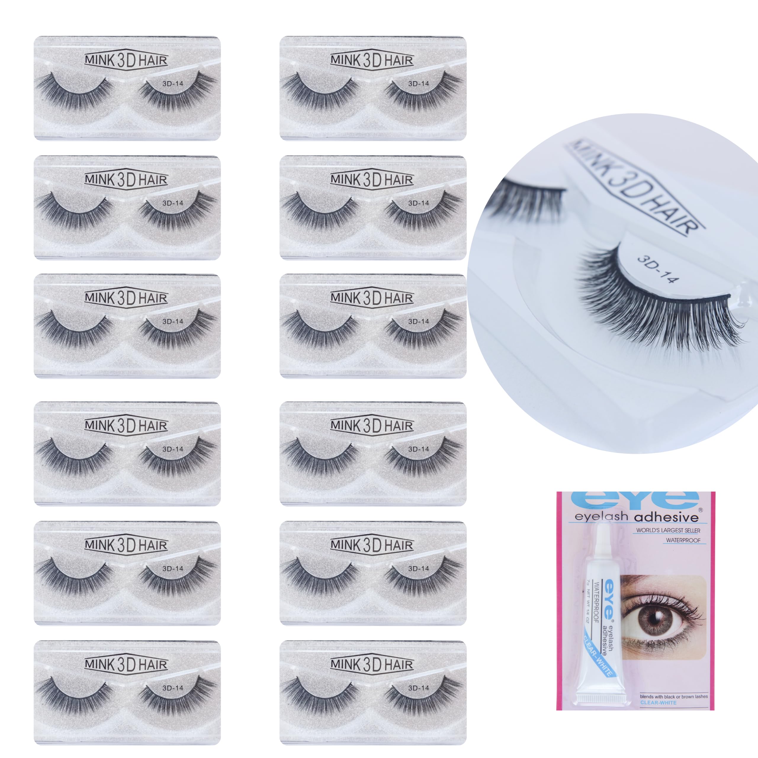 Just Imaginepack of 12 X 3D Narutal Look False Mink Eyelashes + a pack of Glue | Premium Resuable Eye Lashes | Synthetic False Eye Lashes | Easy To Apply (3D-14)