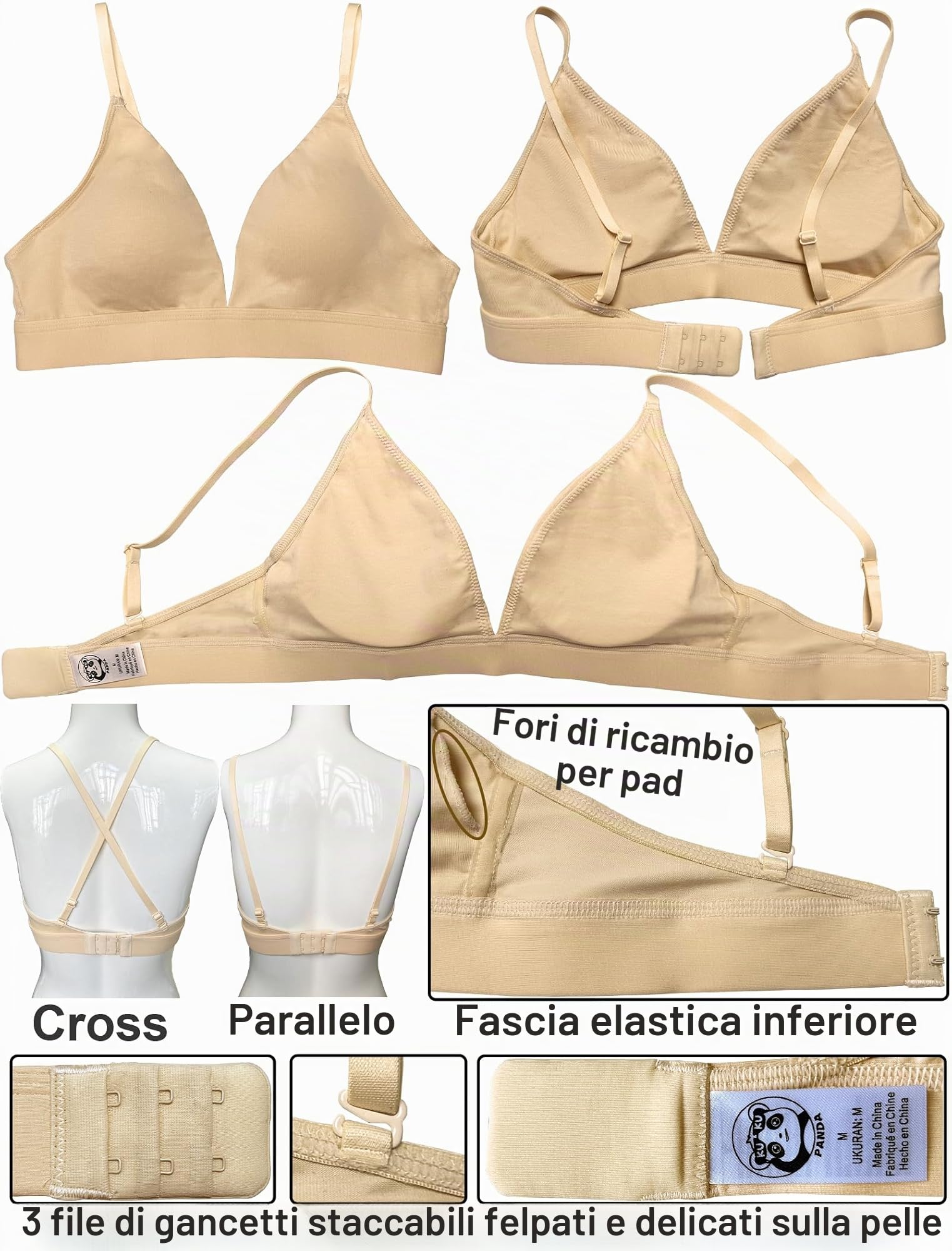 KUKU PANDA 2 Reggiseni Triangle Donna - Cotone Biologico Senza Ferretto con Fodera Rimovibile - Scollo a V Moderno