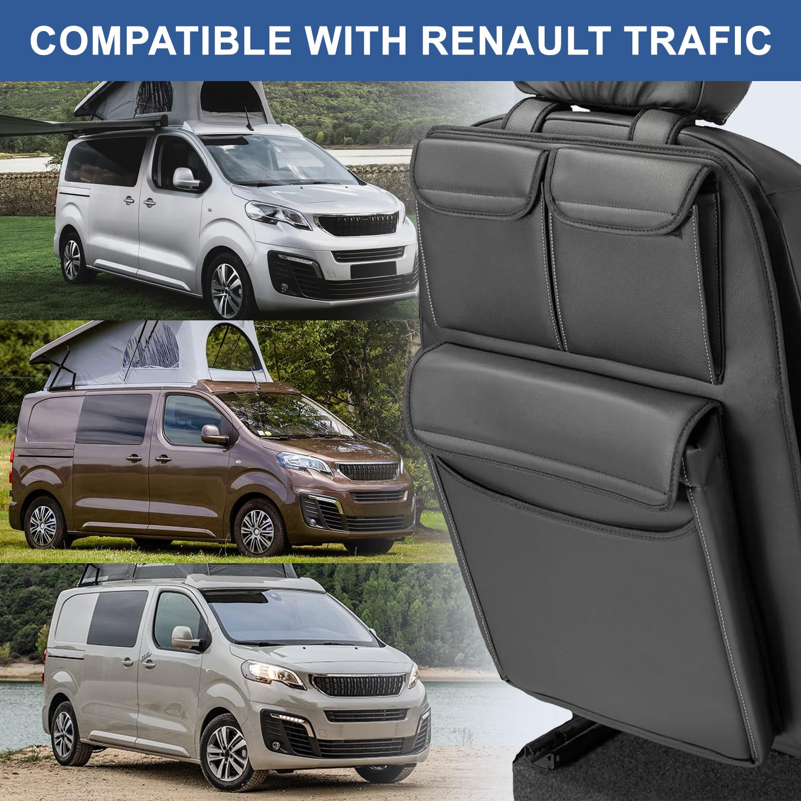 Organiseur Siège Arrière de Voiture remplacement pour Renault Trafic, Protection de Dossier Pliable, Assemblage Facile pour les Voyages et un Usage Quotidien en Simili Cuir (Célibataire)