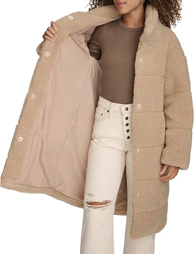 Levi's womens Long Length Patchwork Quilted Teddy Coat, Sand, X