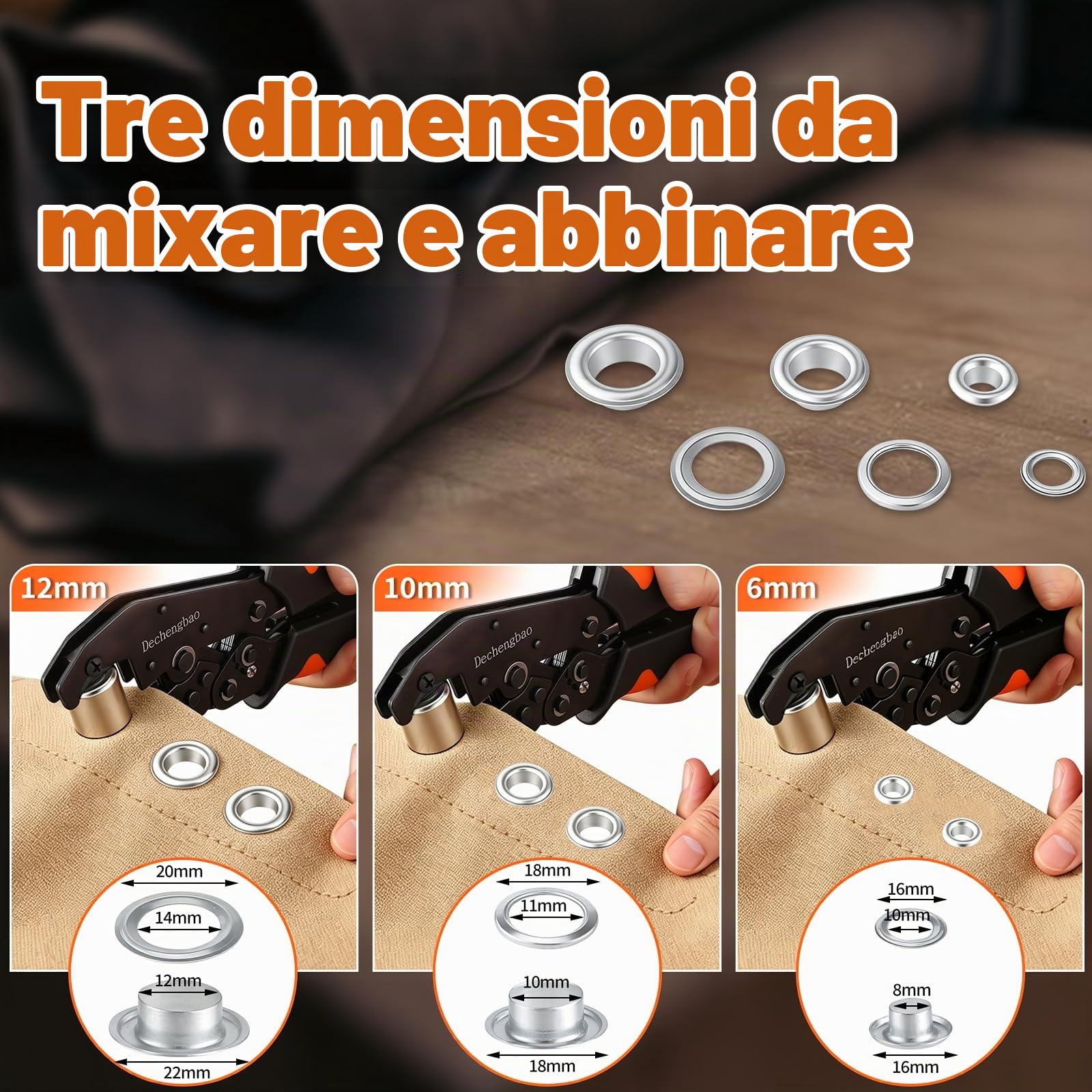 Set di pinze per occhielli con cricchetto con 300 occhielli in metallo, utensile per forare con dimensioni dei fori da 6 mm, 9 mm, 12 mm per tende, tende da campeggio, tela, vinile e