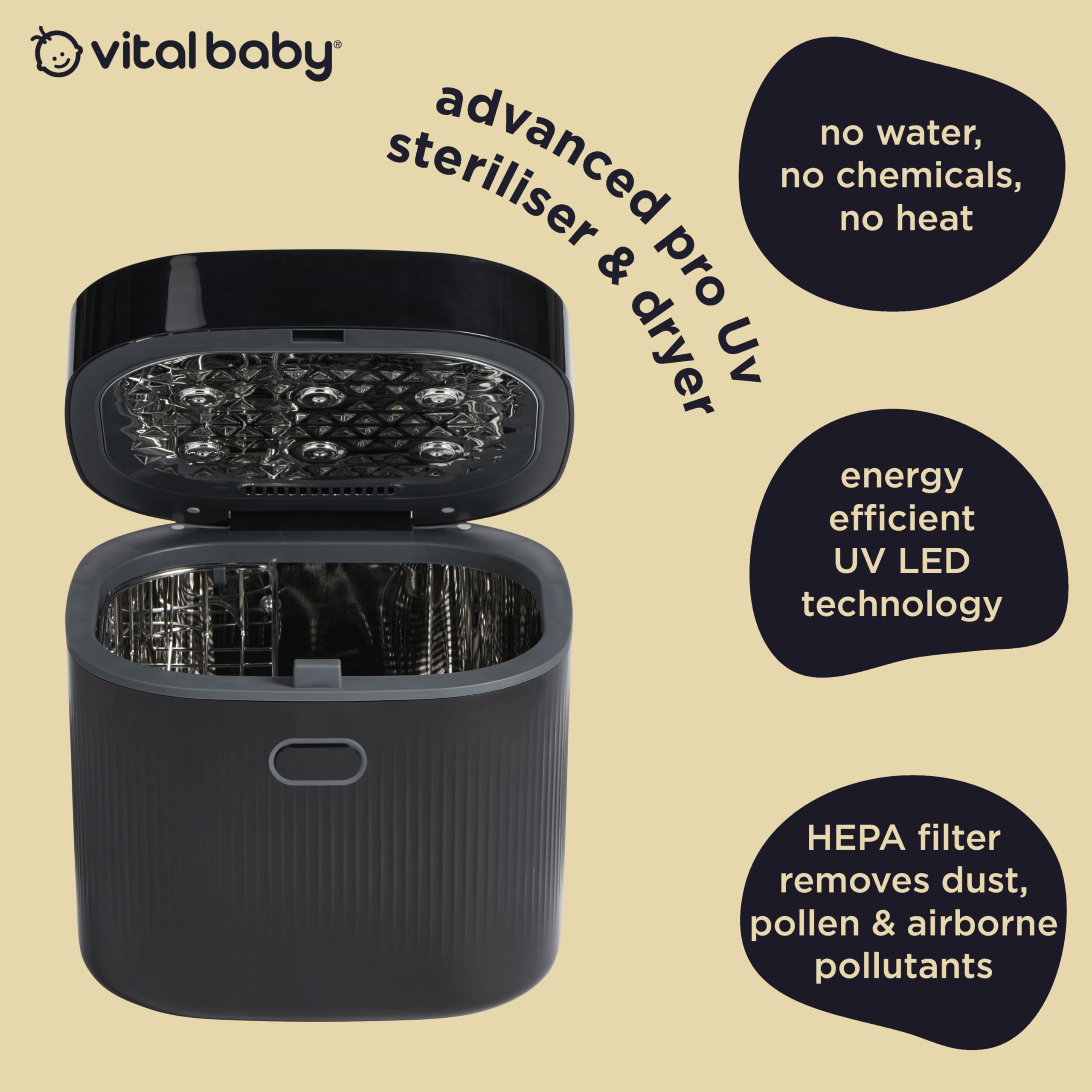 Vital Baby Esterilizador UV para biberones y accesorios, mata el 99,99% de los gérmenes en 5 minutos, esteriliza, seca y almacena, sin agua, vapor ni productos químicos, negro ónix