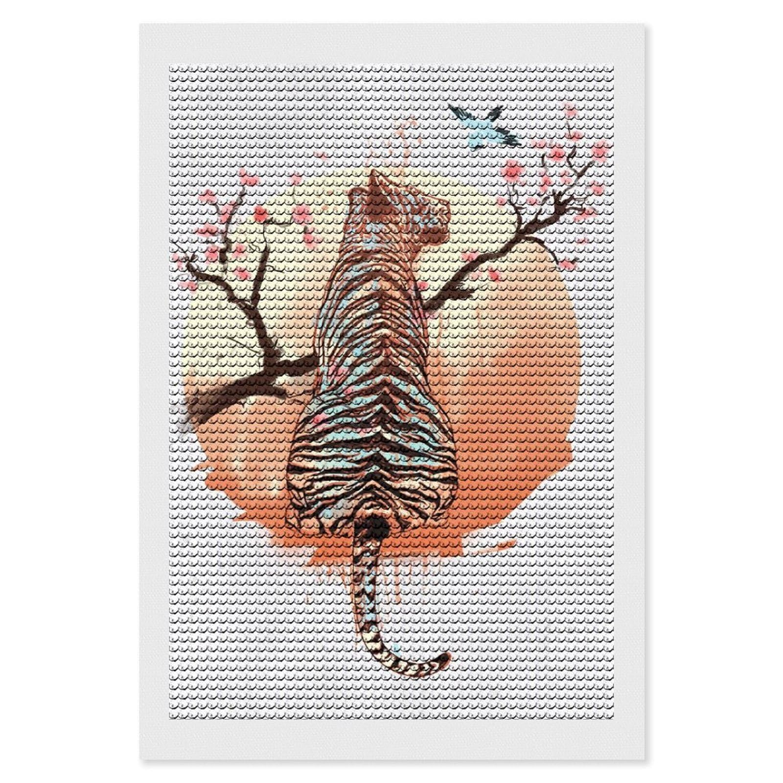 Junmoney Tiger at Sakura Tree Diamond Art Canvas 8"x12", Easy Handmade Project, Complete Accessories, Bedroom Decor, Birthday Gift
