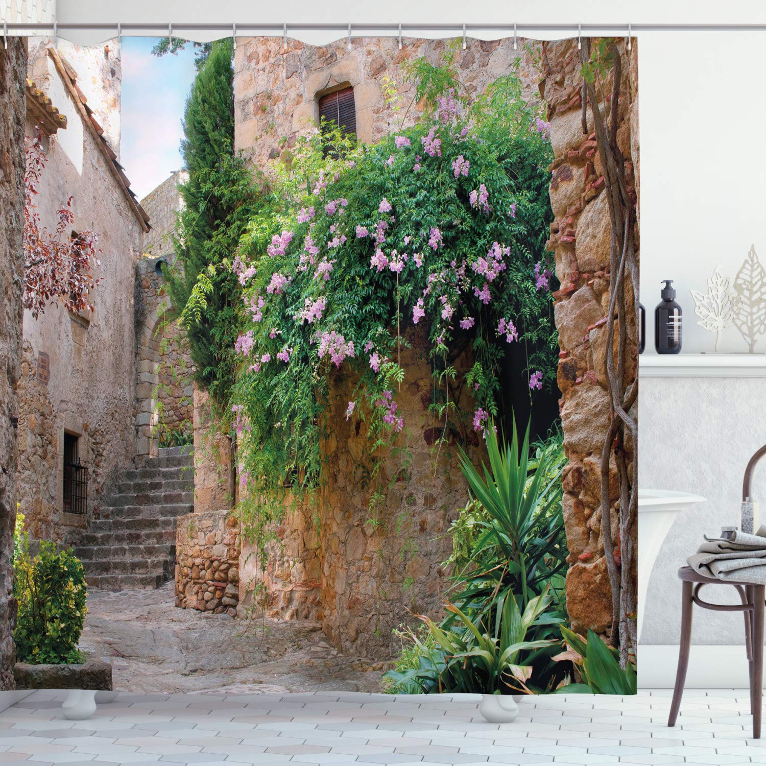 ABAKUHAUS Landscape Shower Curtain, Summer Garden Flowers Marigold Stones Antique House in Spain Art Print