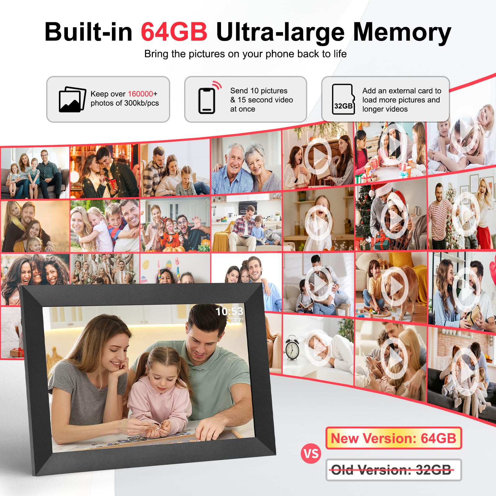 Hesmor 64GB Cornice Digitale Foto WiFi 10.1 Pollici 1280x800 Portafoto Digitale Schermo Tattile IPS LCD Frameo Cornice Foto Digitale Elettronica Rotazione Auto Condividi Foto e Video, Nero